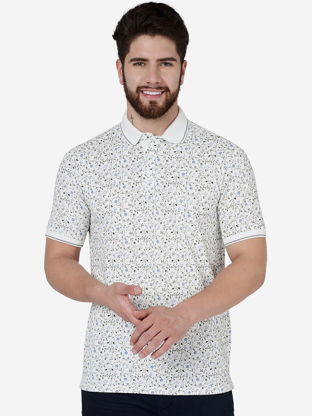 

JADE BLUE Floral Printed Polo Collar Slim Fit Cotton T-Shirt, White
