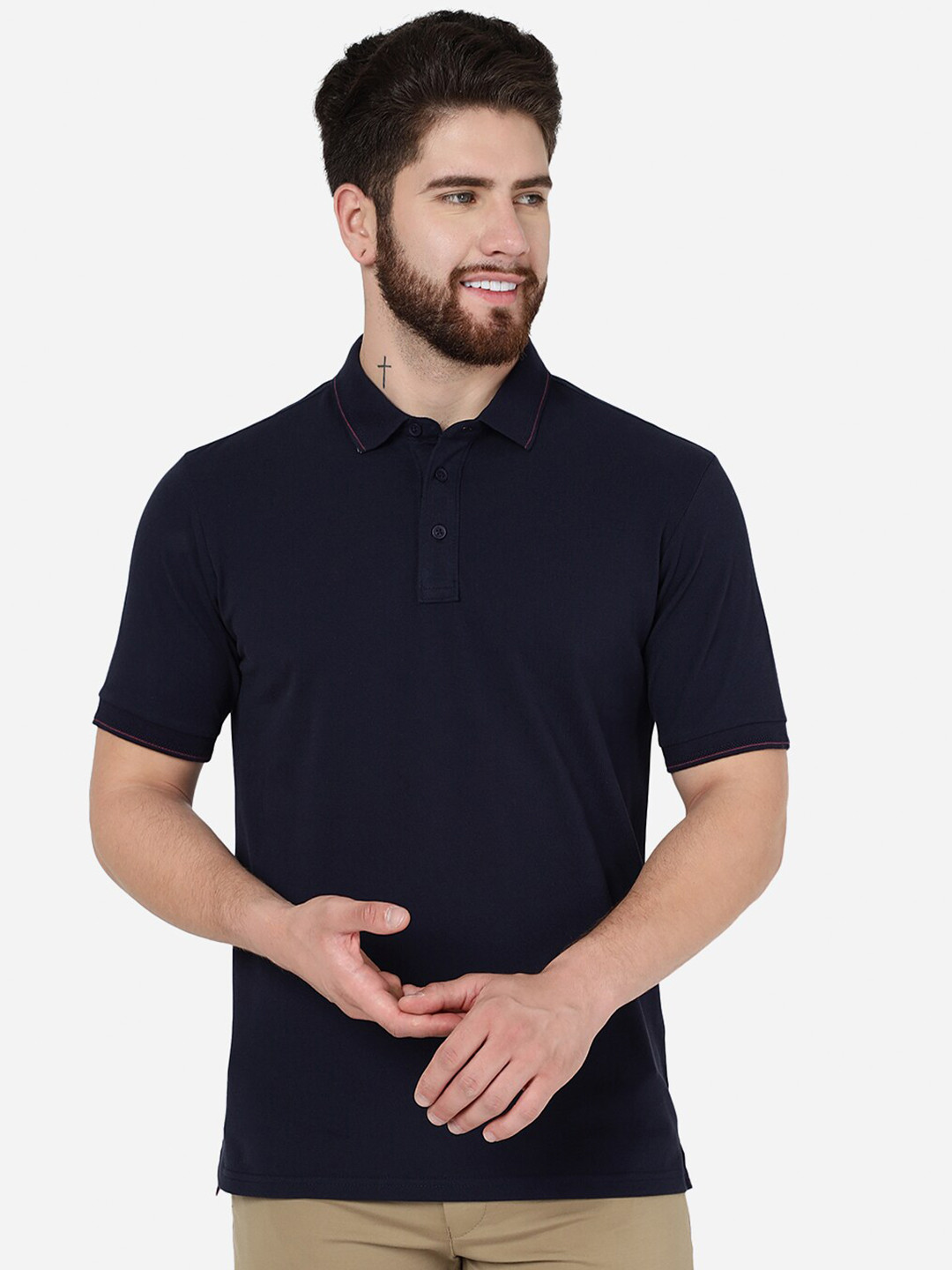 

JADE BLUE Polo Collar Slim Fit Cotton T-Shirt, Navy blue