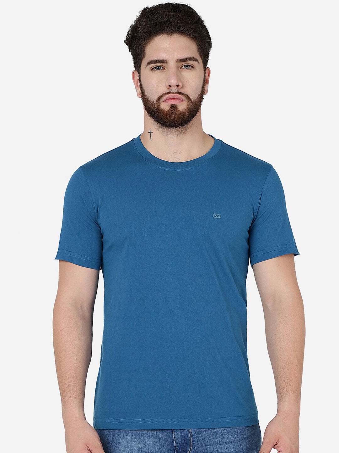 

JADE BLUE Round Neck Slim Fit Cotton T-Shirt, Teal