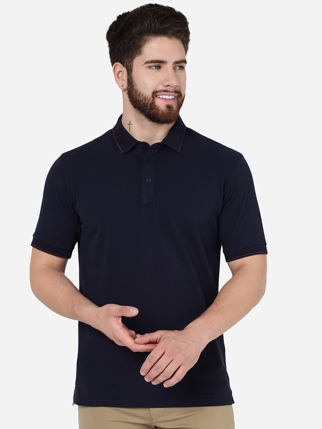 

JADE BLUE Polo Collar Slim Fit Cotton T-Shirt, Black