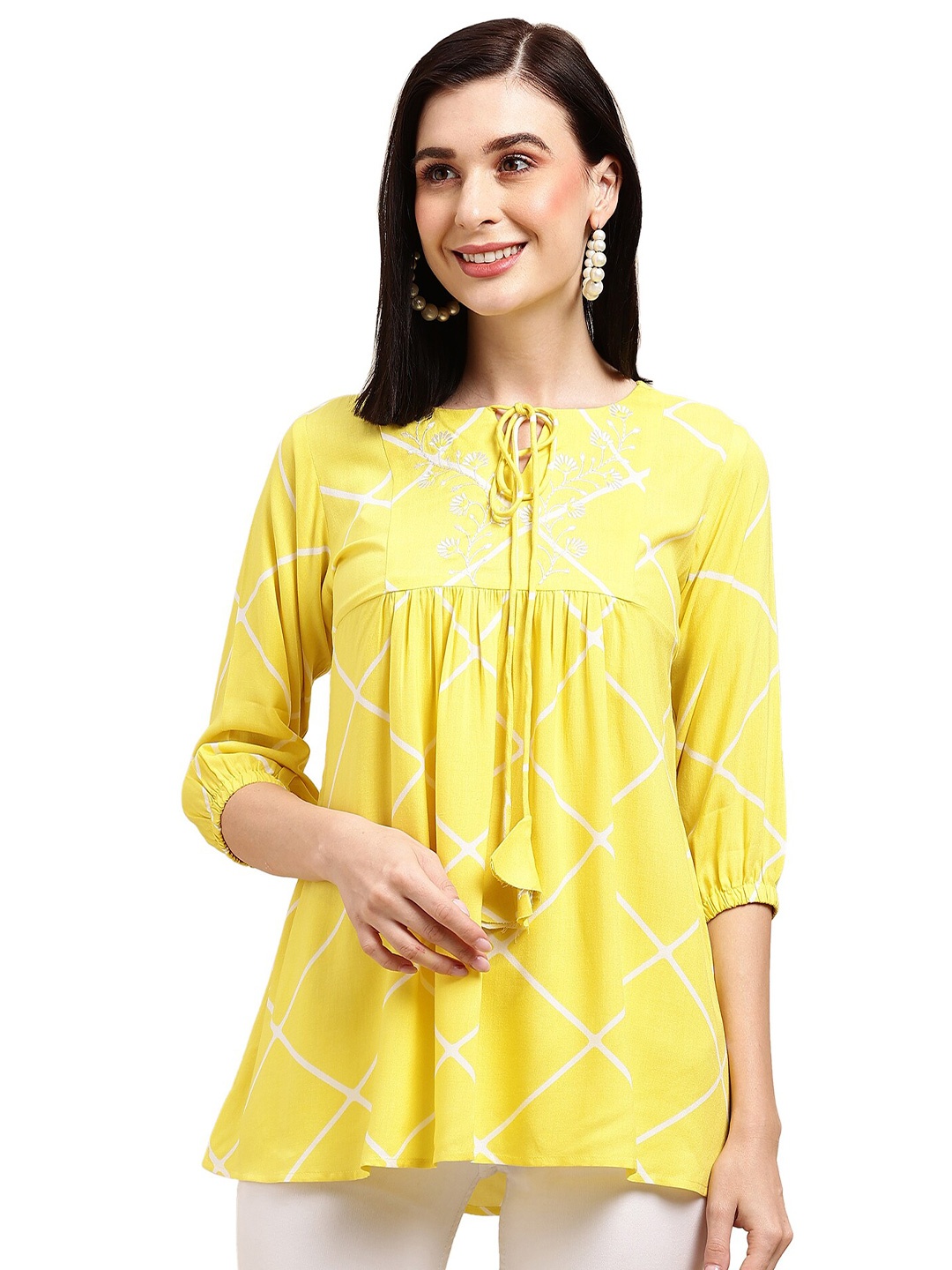 

KALINI Geometric Printed & Floral Embroidered A-line Top, Yellow