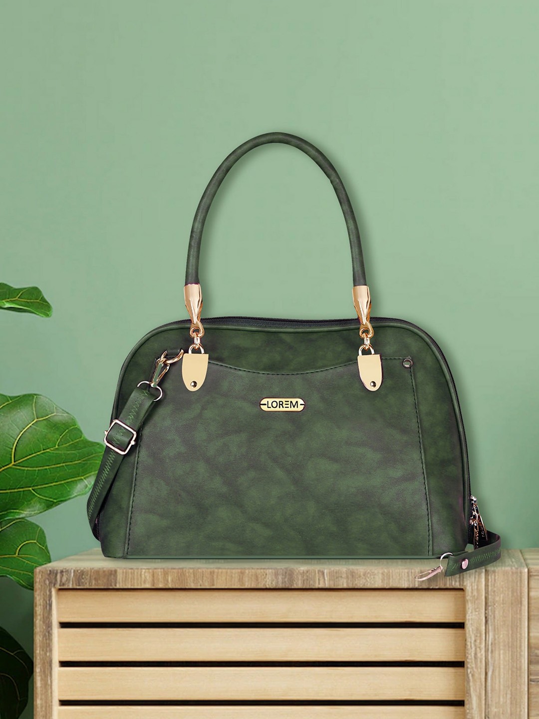 

LOREM Printed Faux Leather Structured Handheld Bag, Green