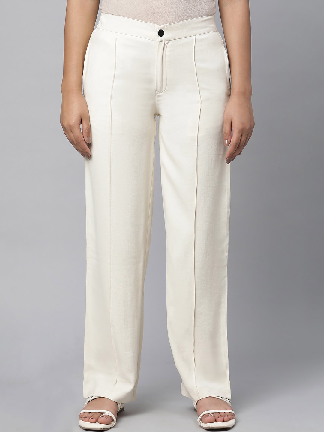 

elleven Women Mid-Rise Ethnic Parallel Trousers, White