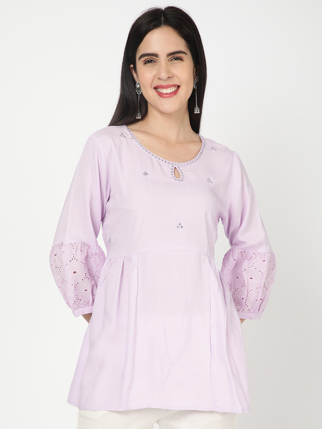 

R&B Key Hole Neck Embellished Schiffli Detailed A-Line Top, Purple