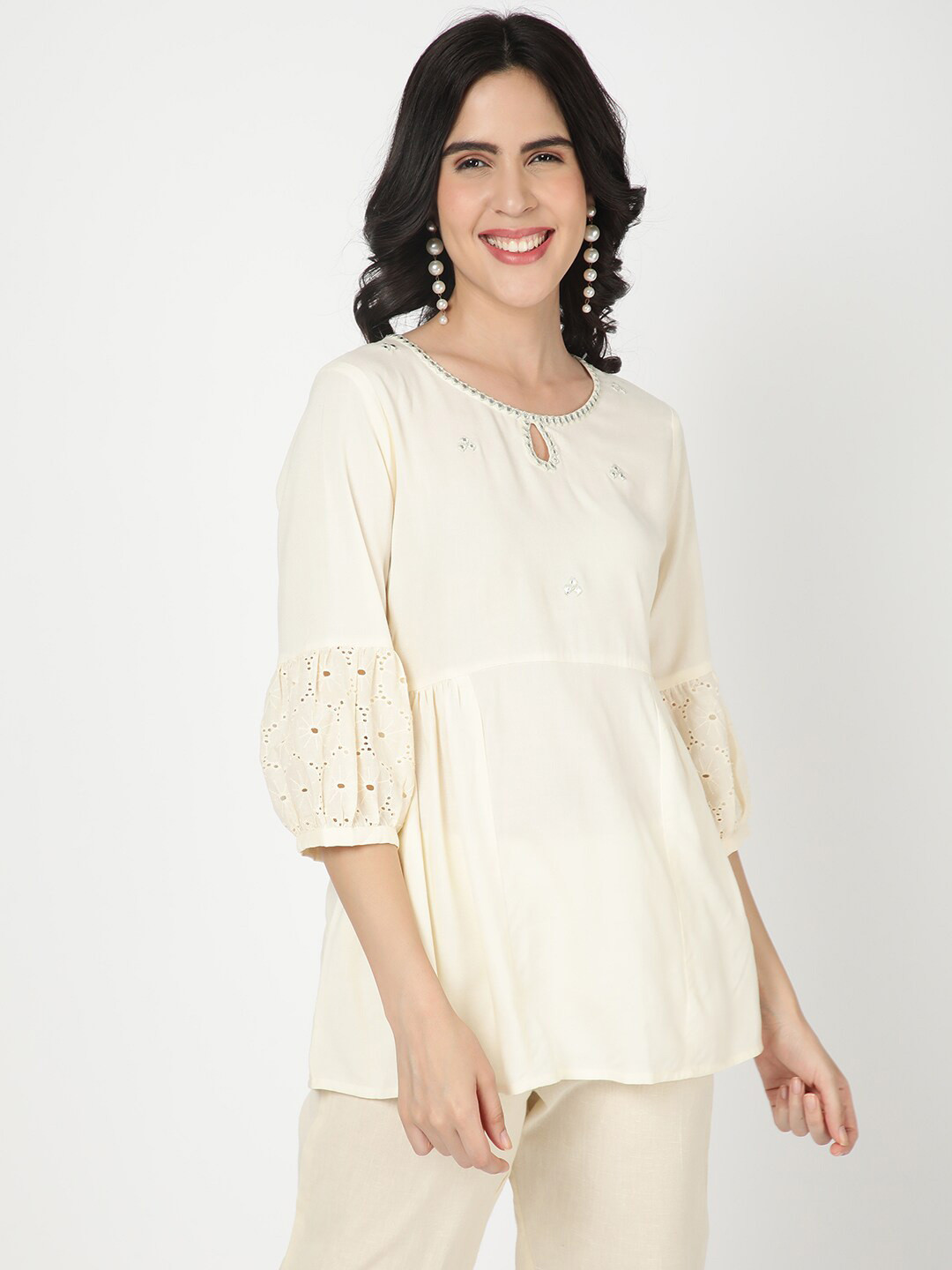 

R&B Mirror Embellished Keyhole Neck Bell Sleeve Peplum Top, Beige