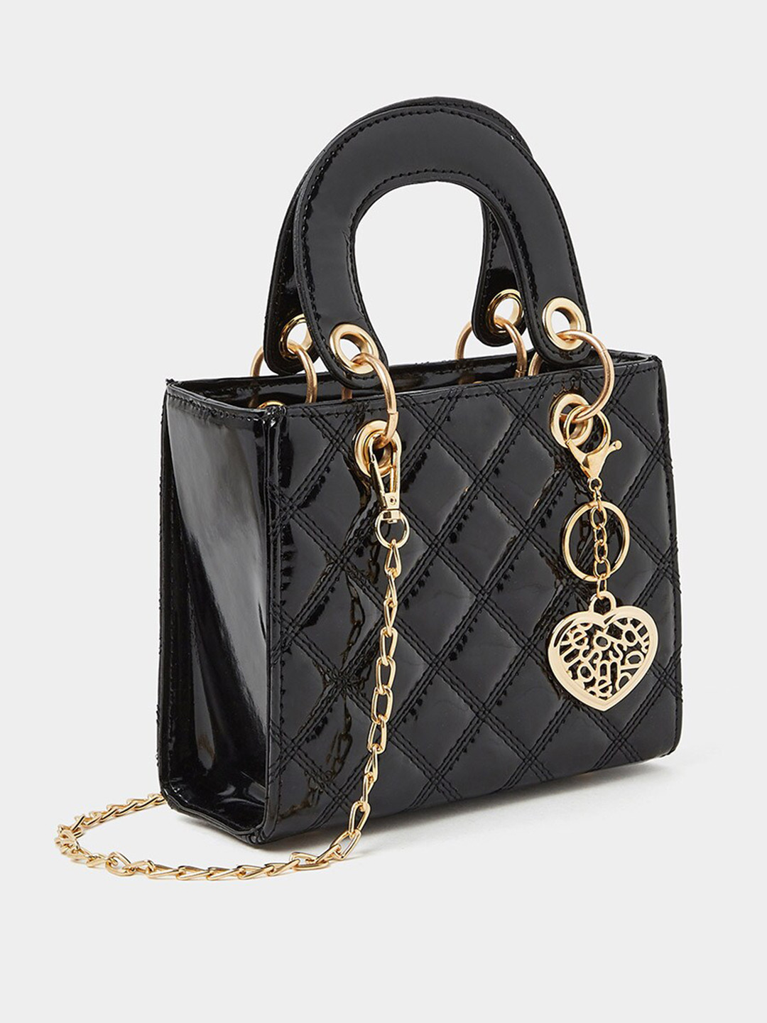 

Styli Quilted Structured Handheld Bag With Chain Strap, Black