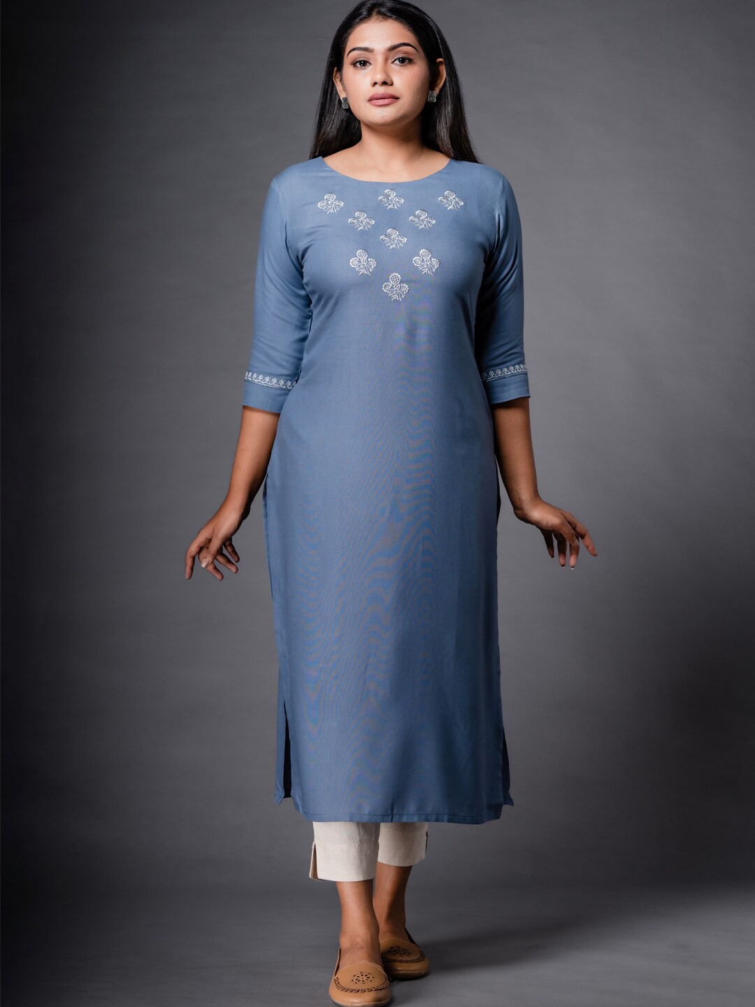 

Vismay Floral Yoke Design Thread Work Straight Kurta, Blue