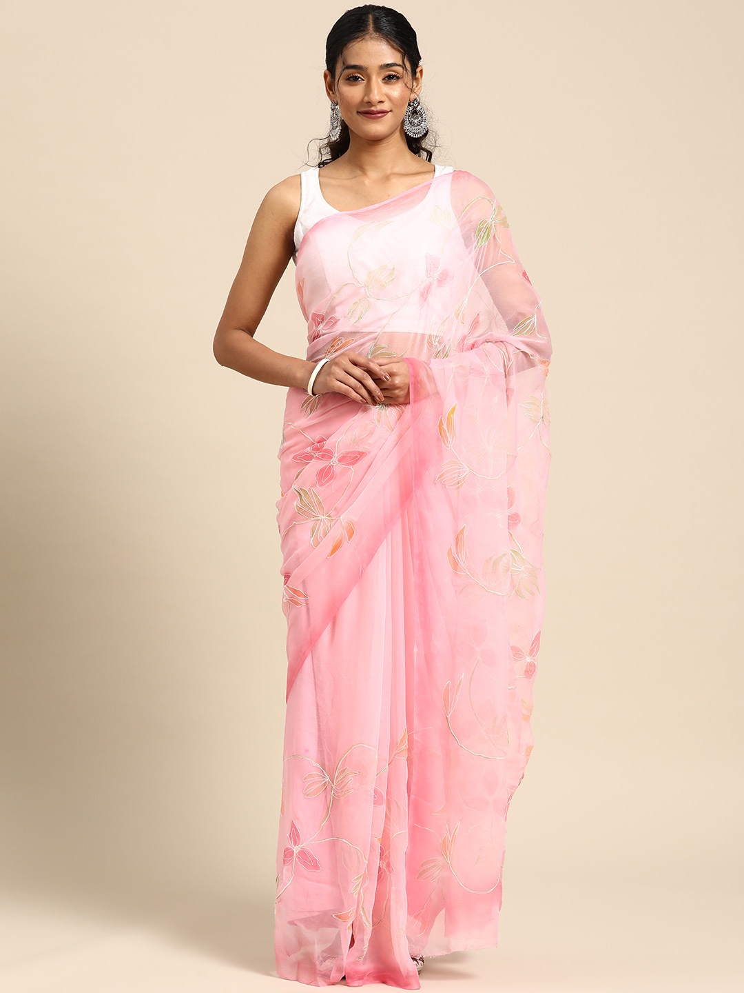 

La Vastraa Floral Sequinned Pure Chiffon Saree, Pink