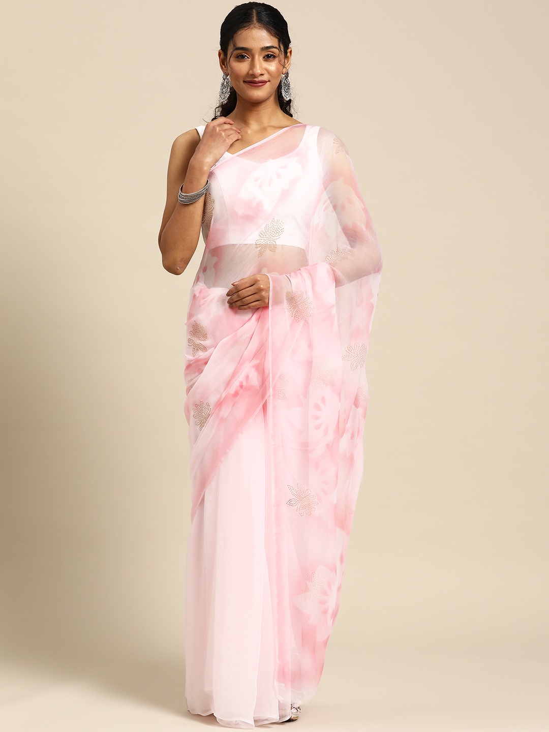 

La Vastraa Floral Sequinned Pure Chiffon Saree, Pink