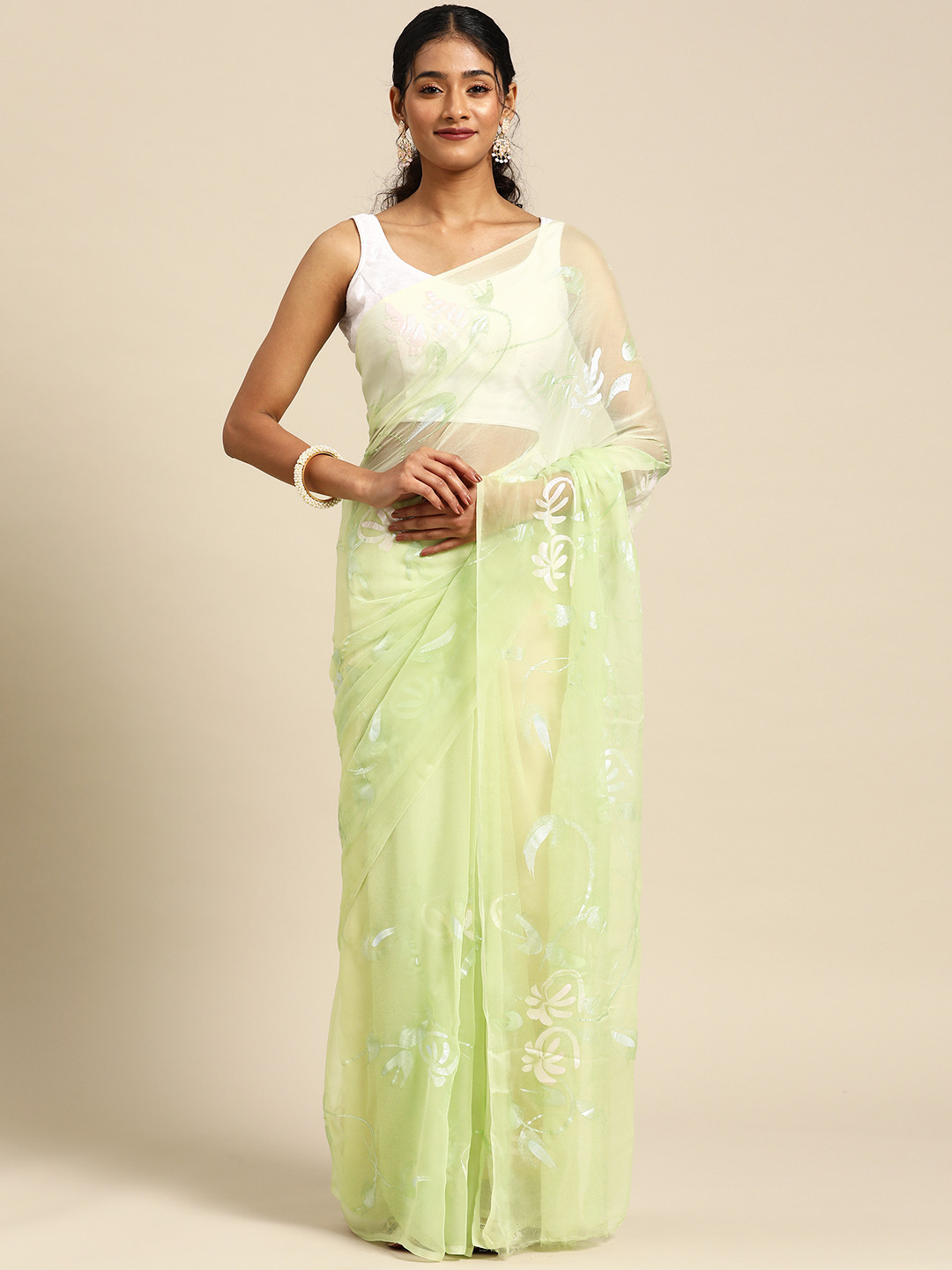 

La Vastraa Floral Pure Chiffon Saree, Green