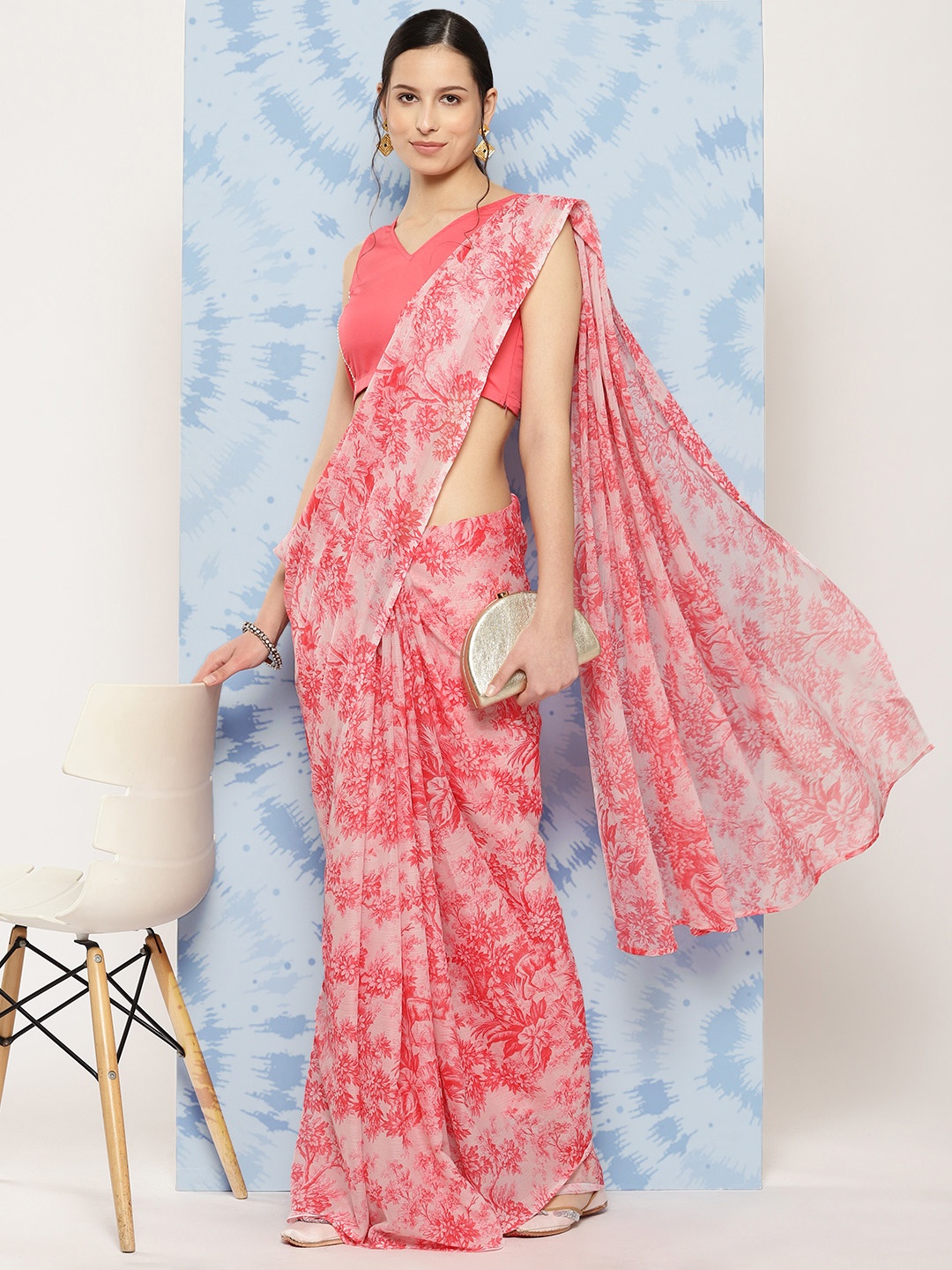 

Ahalyaa Floral Poly Chiffon Saree, Pink