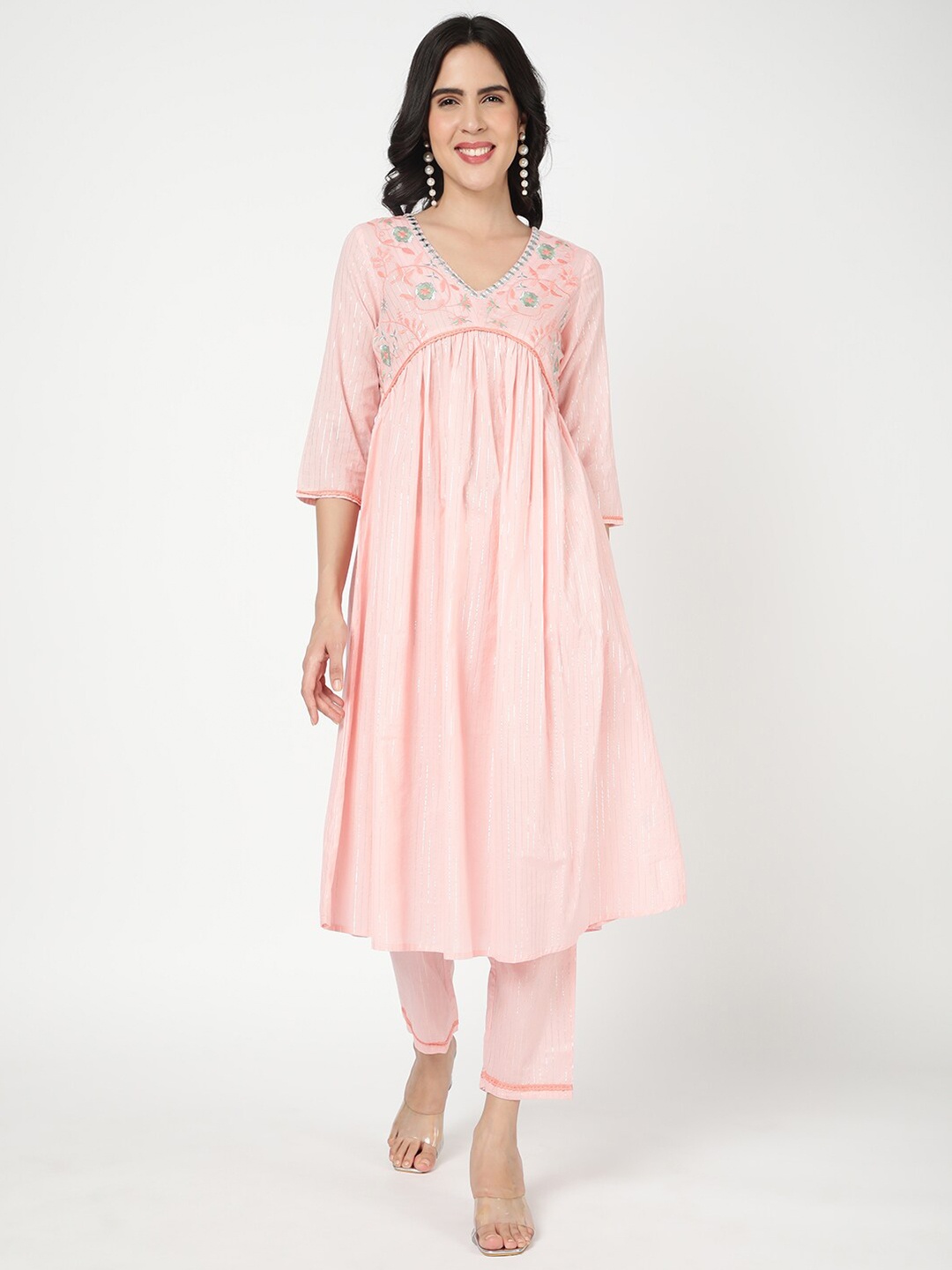 

R&B Floral Yoke Design Thread Work Pure Cotton Kurta With Trousers, Pink