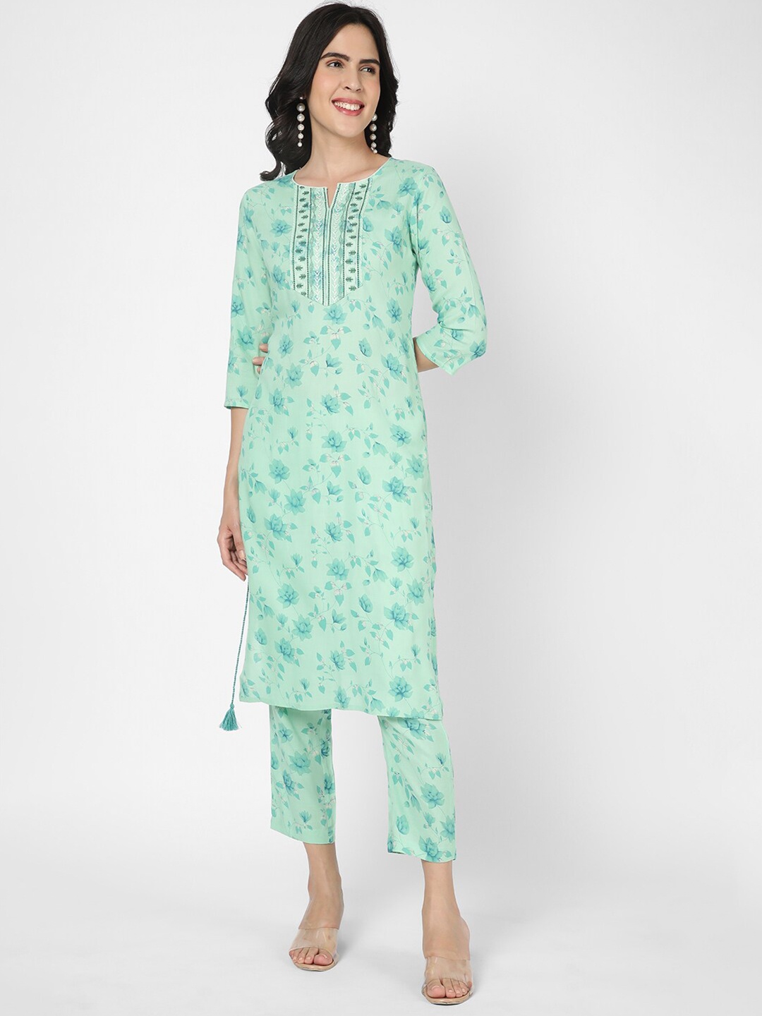 

R&B Floral Printed Thread Work Kurta With Trousers, Sea green