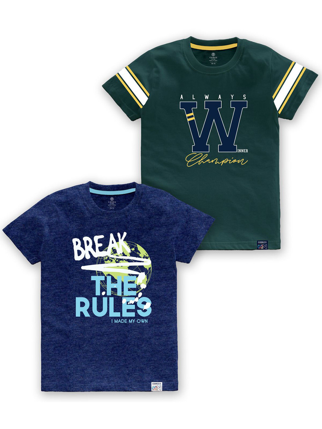 

CODEZ Boys Pack of 2 Typography Printed Cotton T-shirts, Blue
