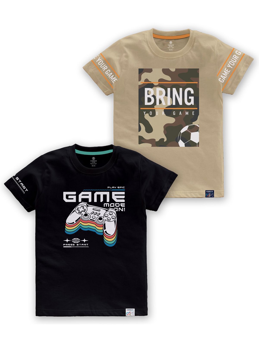 

CODEZ Boys Pack Of 2 Graphic Printed Short Sleeves Cotton T-shirts, Beige