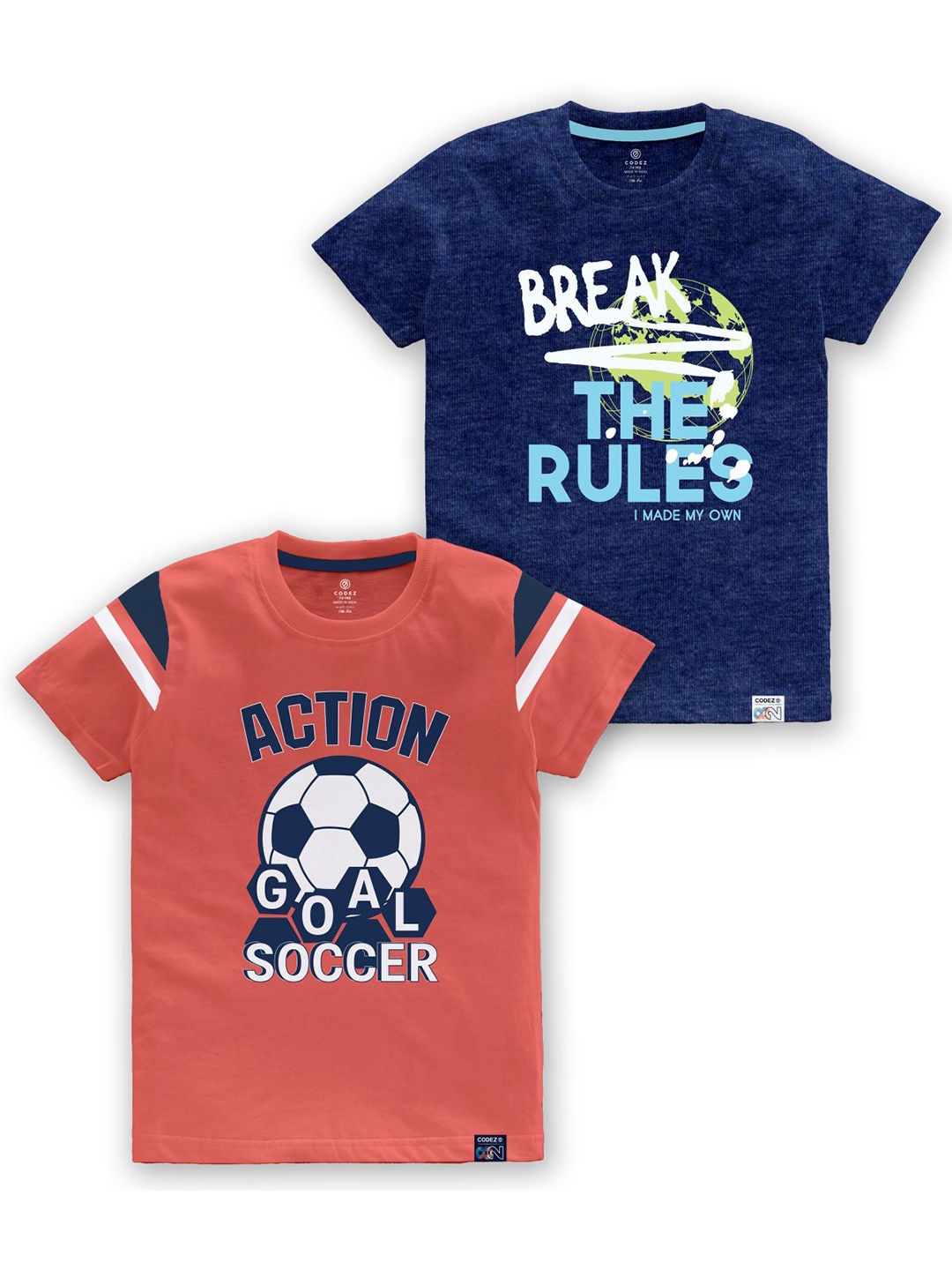 

CODEZ Boys Pack Of 2 Graphic Printed Short Sleeves Cotton T-shirts, Blue