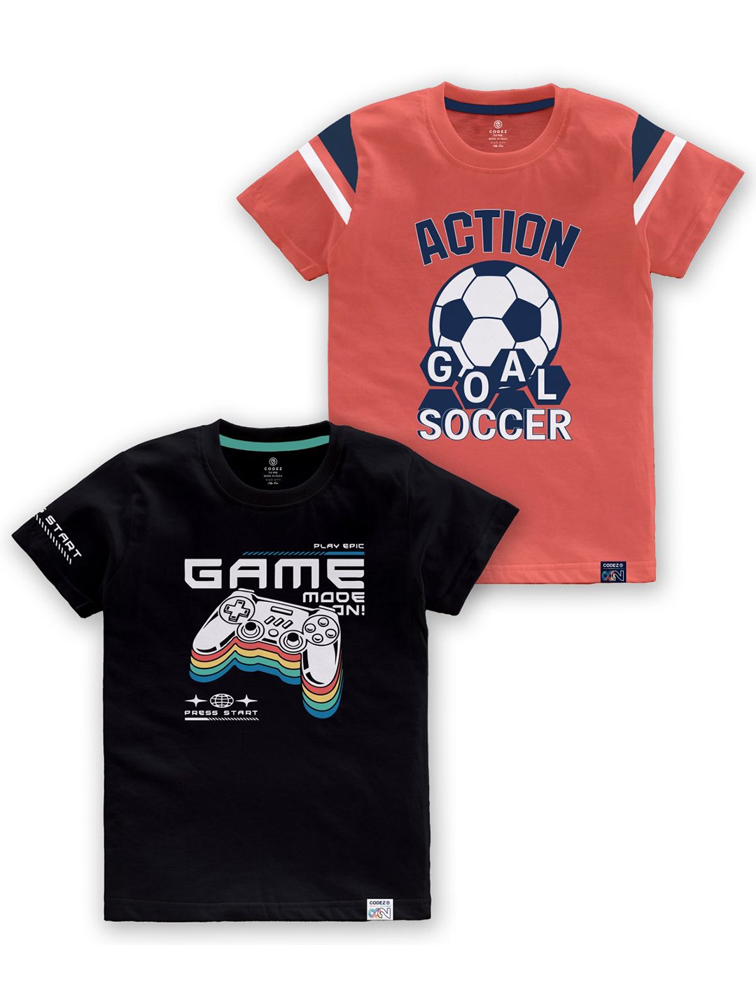 

CODEZ Boys Pack Of 2 Graphic Printed Short Sleeves Cotton T-shirts, Coral