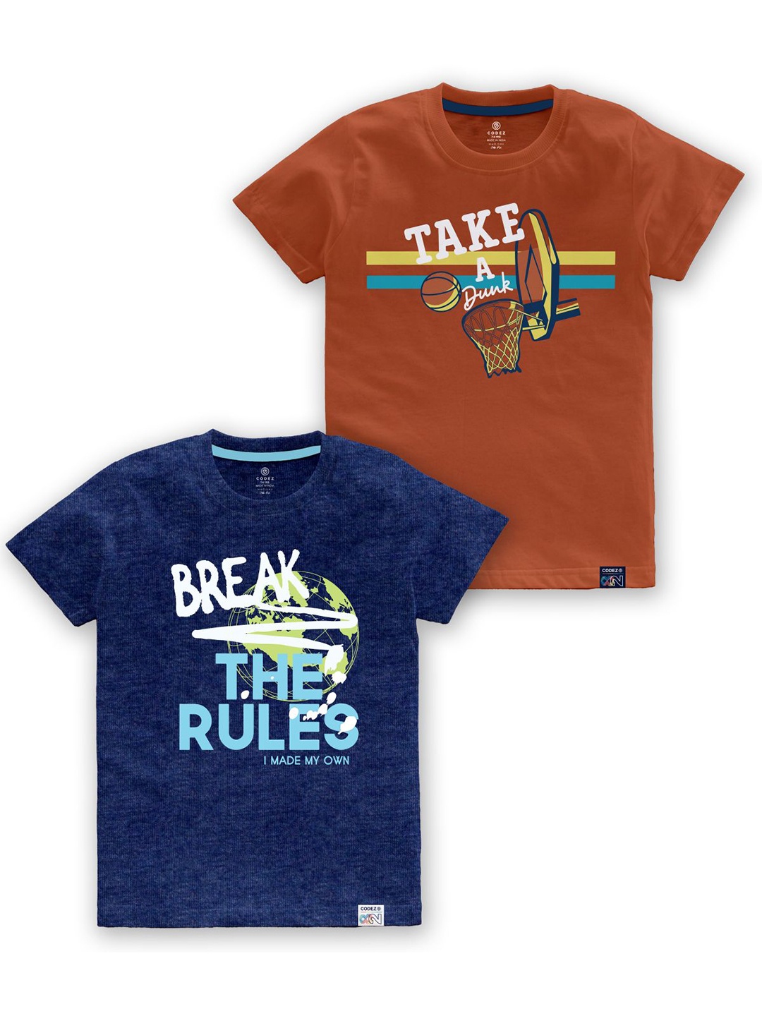 

CODEZ Boys Pack of 2 Typography Printed Cotton T-shirts, Blue