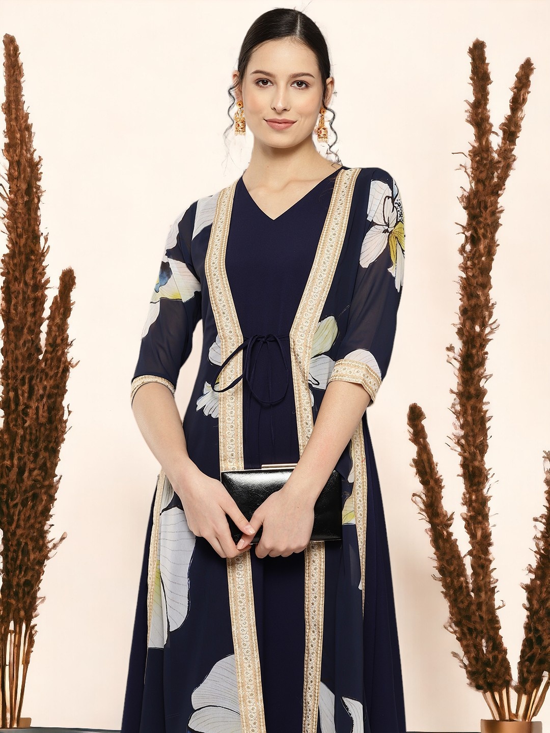 

Ahalyaa Floral Printed Maxi Empire Ethnic Dress, Navy blue