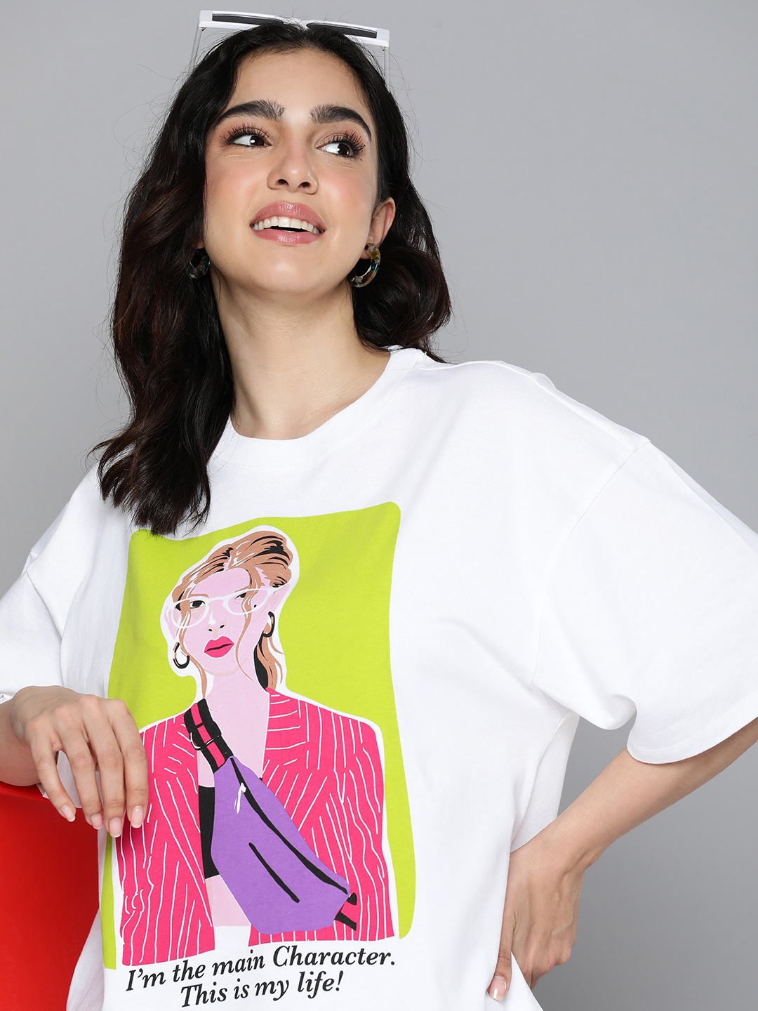 

HERE&NOW Women Printed Drop-Shoulder Sleeves Pure Cotton T-shirt, White