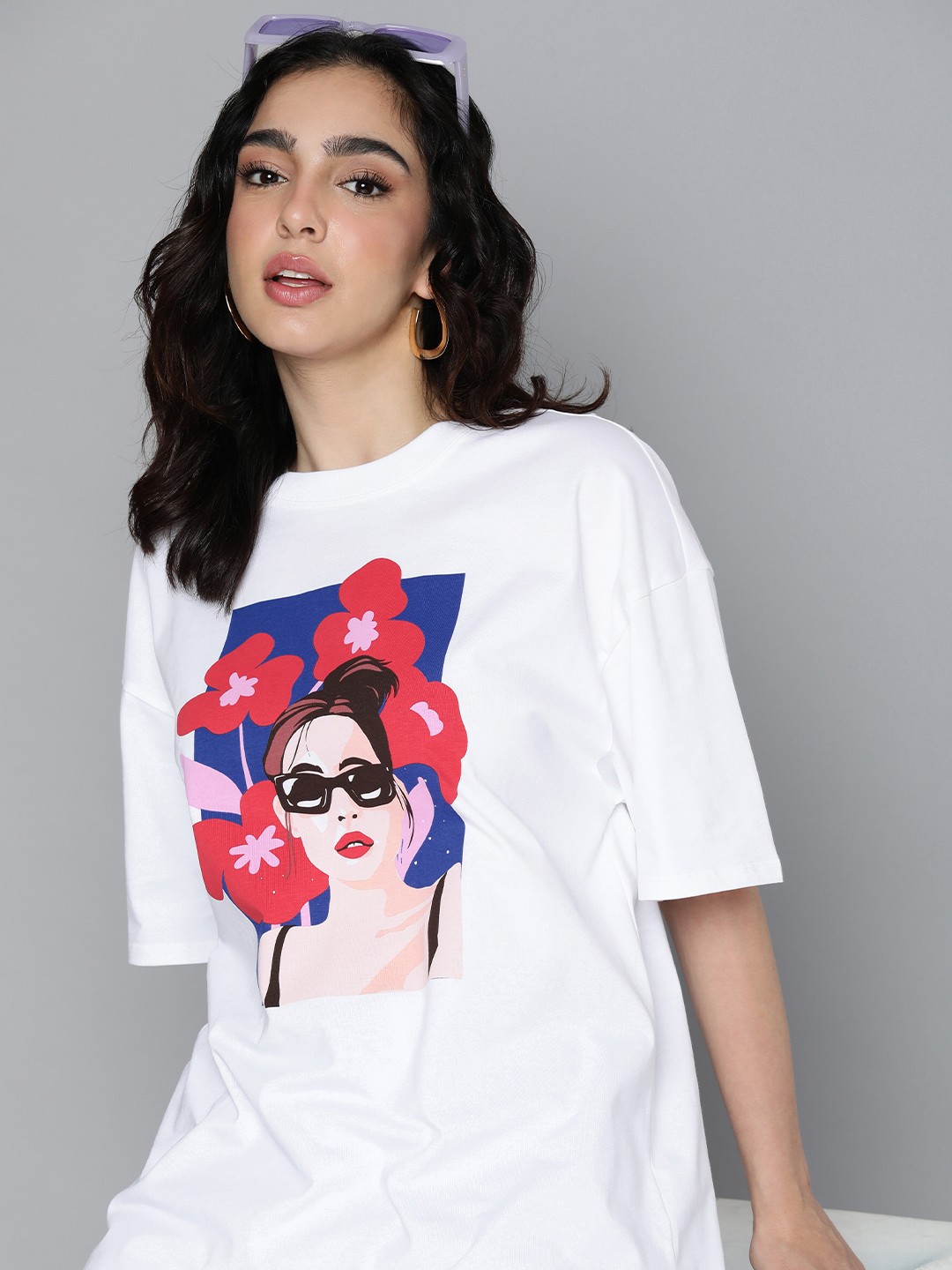 

HERE&NOW Women Printed Pure Cotton T-shirt, White