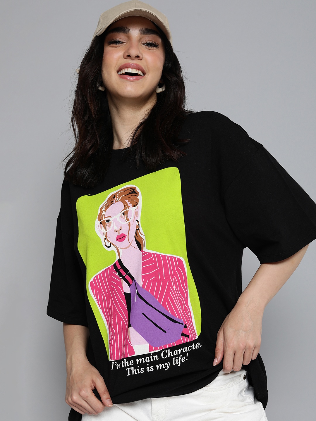 

HERE&NOW Women Printed Drop-Shoulder Sleeves Pure Cotton T-shirt, Black