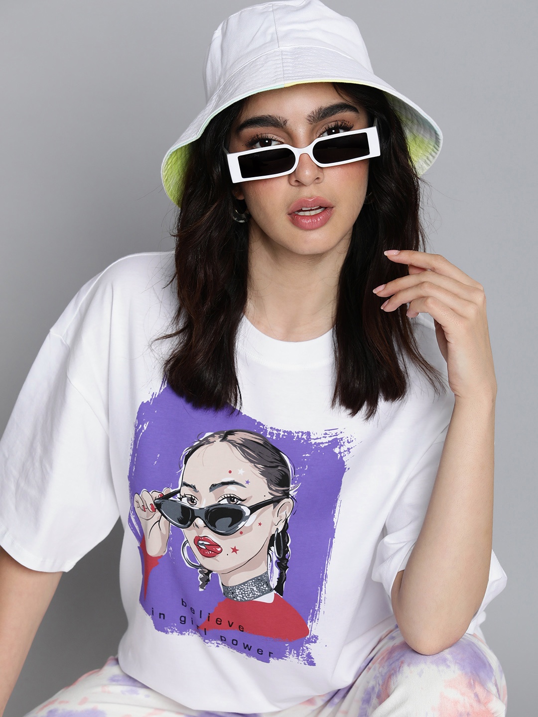 

HERE&NOW Women Printed Drop-Shoulder Sleeves Pure Cotton T-shirt, White