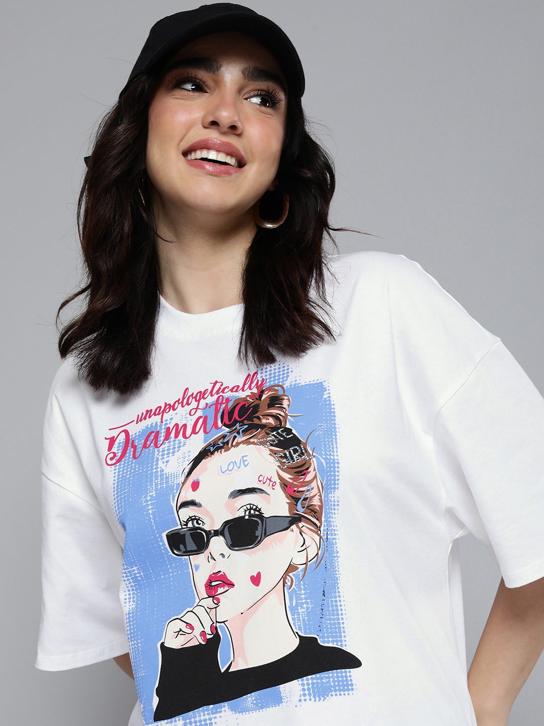 

HERE&NOW Women Printed Drop-Shoulder Sleeves Pure Cotton T-shirt, White