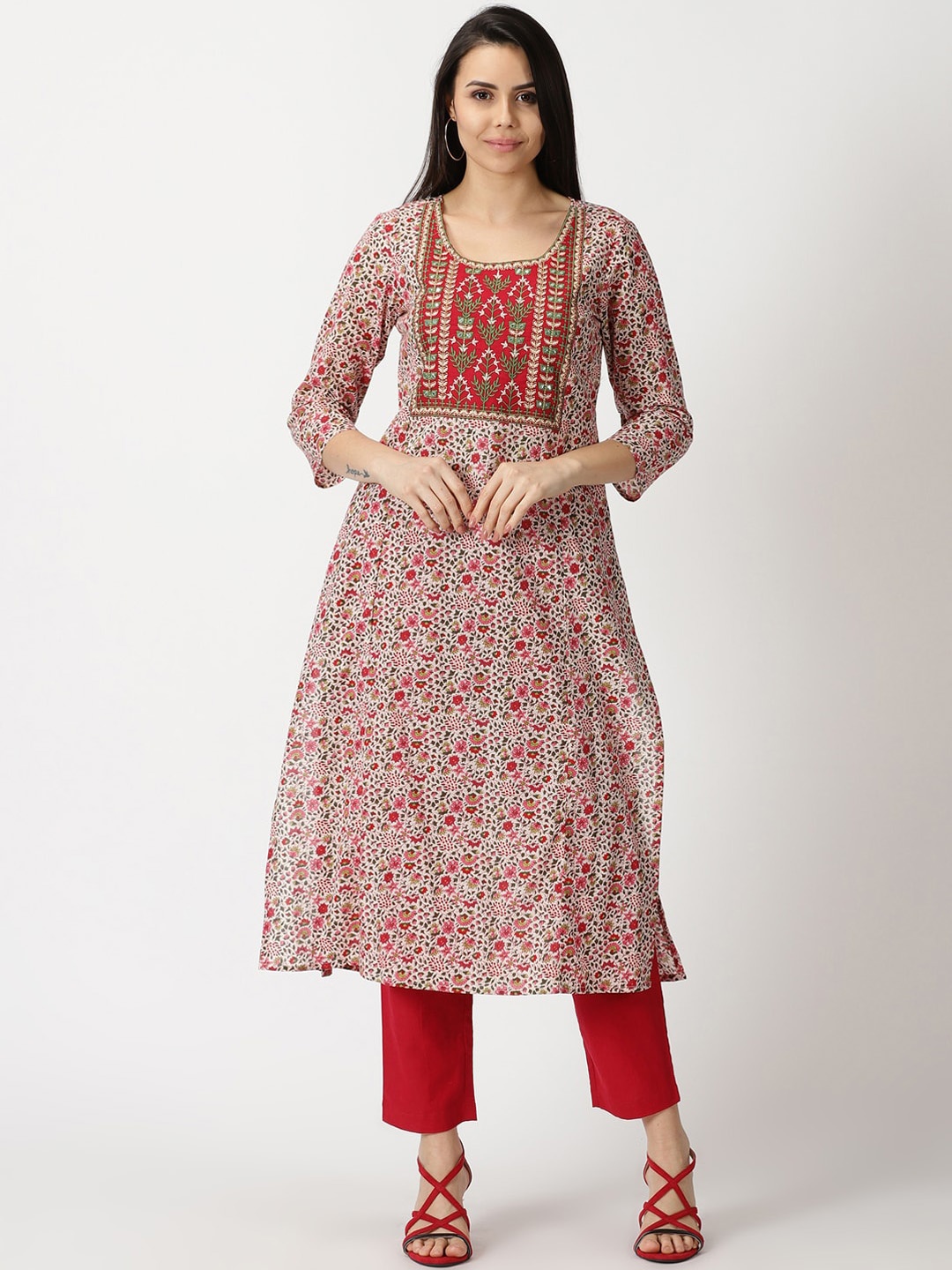 

Saffron Threads Floral Printed Thread Work Pure Cotton Kurta, Red