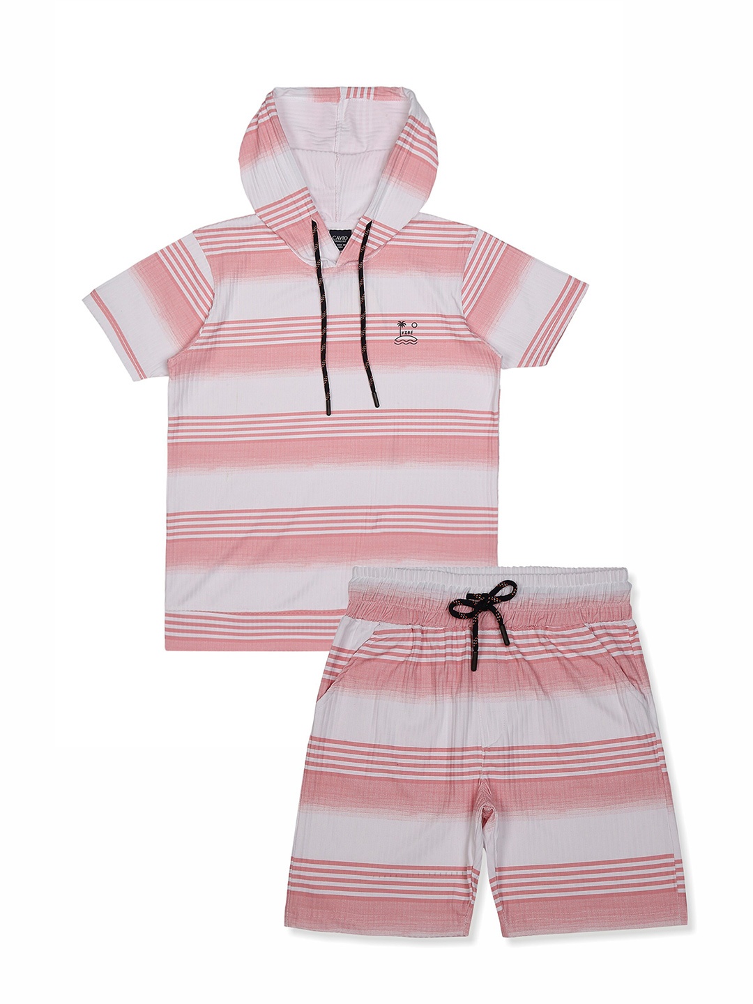 

CAVIO Boys Striped Pure Cotton Hooded T-shirt with Shorts, Peach