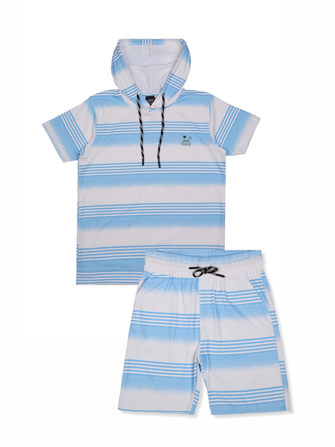 

CAVIO Boys Striped Hooded Pure Cotton T-shirt with Shorts, Blue