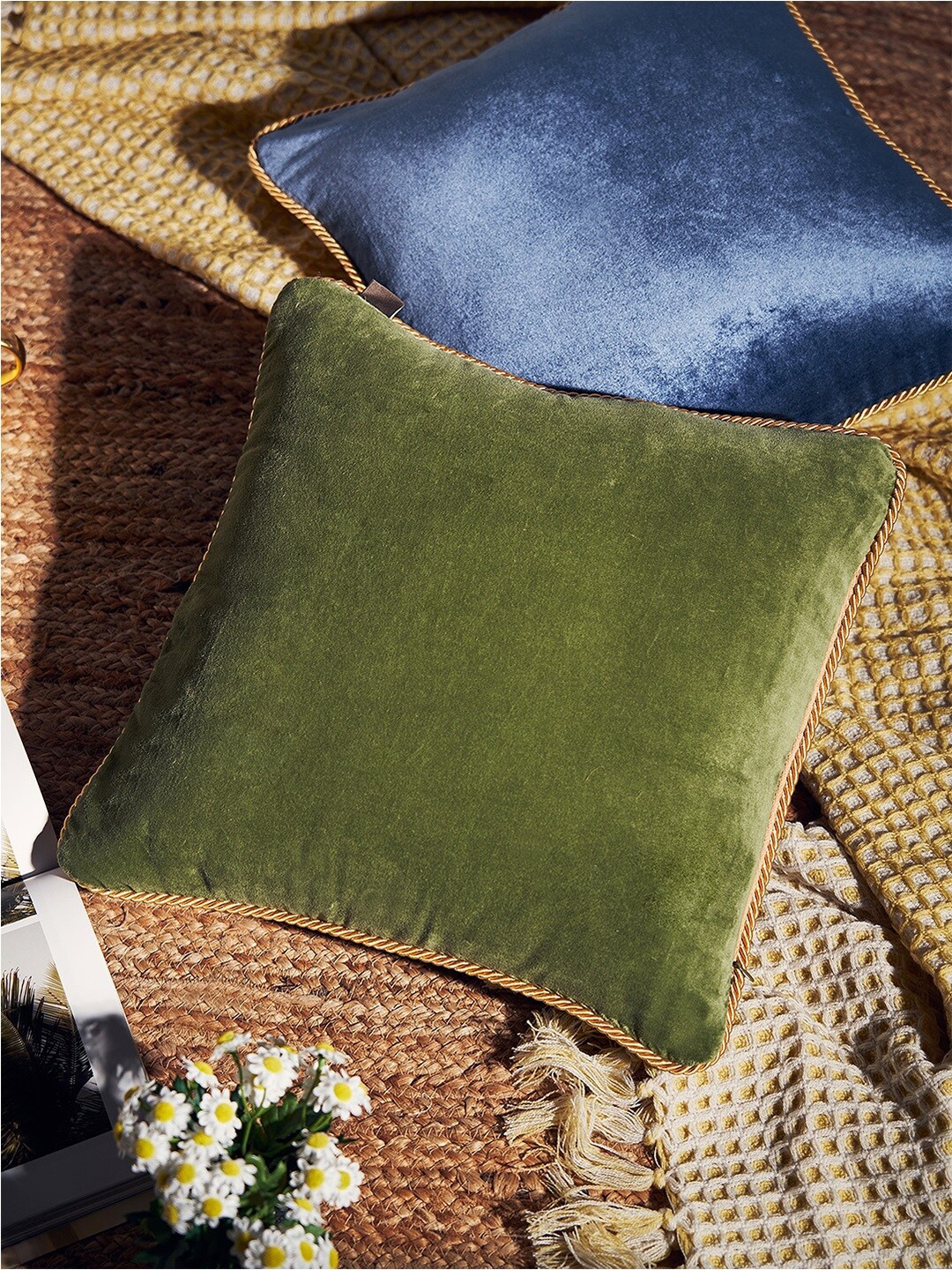

Pure Home and Living Blue & Green Square Reversible Velvet Cushion Cover