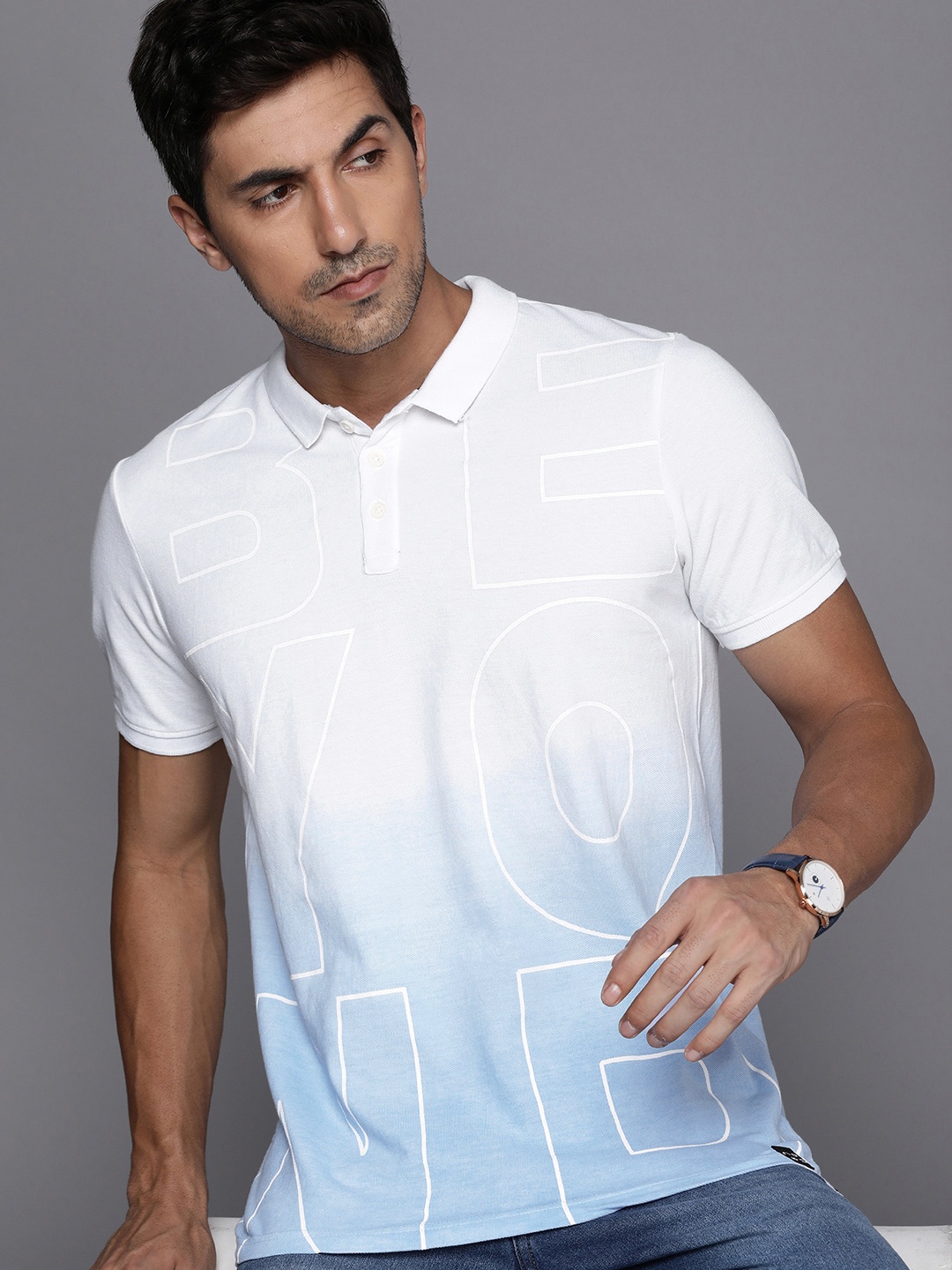 

WROGN Typography Printed Ombre Effect Polo Collar Pure Cotton Slim Fit T-shirt, Blue