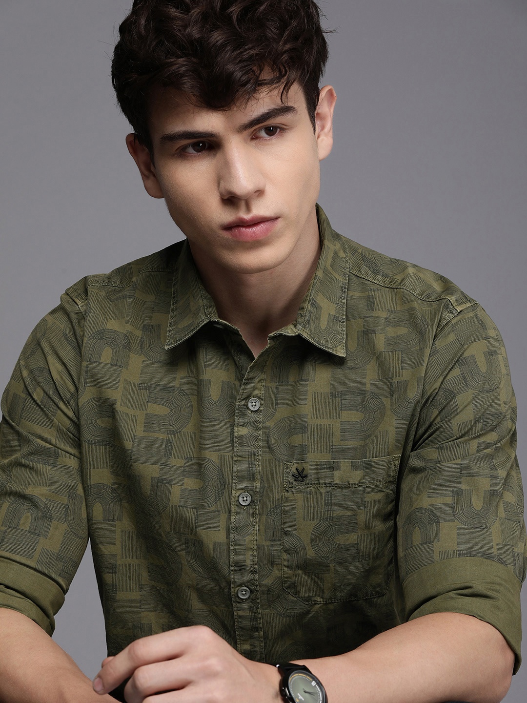

WROGN Pure Cotton Slim Fit Printed Casual Shirt, Olive