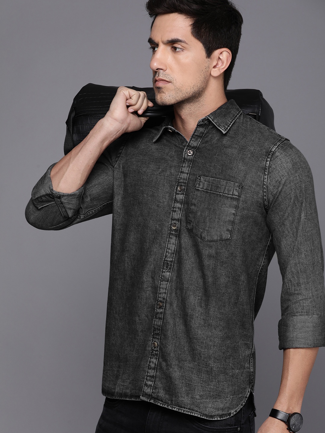 

WROGN Men Pure Cotton Opaque Casual Shirt, Charcoal