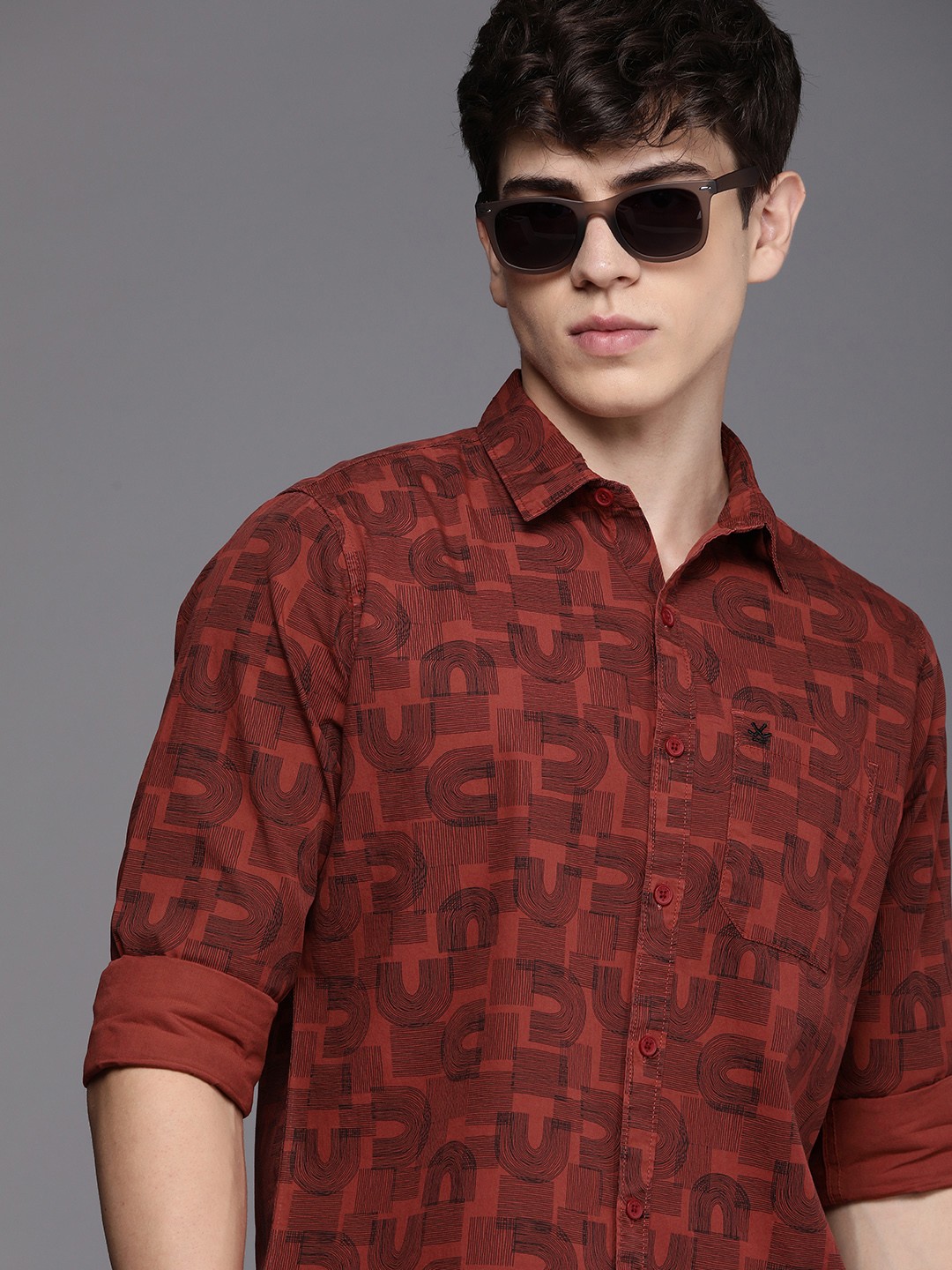 

WROGN Pure Cotton Slim Fit Printed Casual Shirt, Red