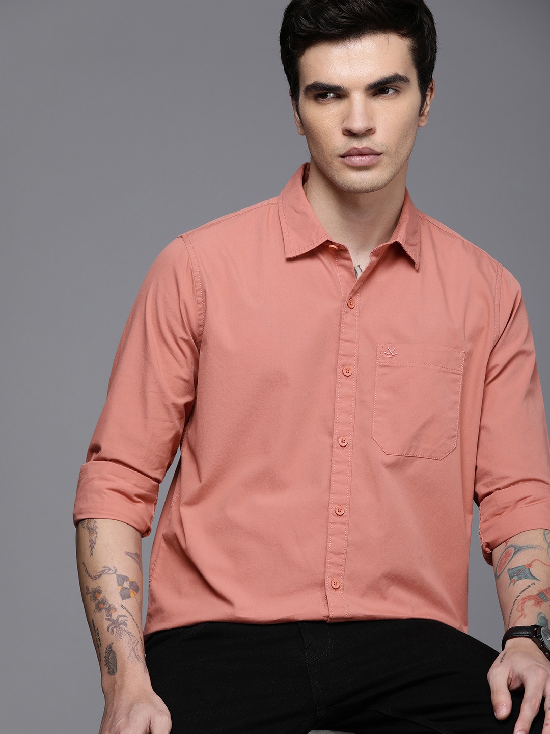 

WROGN Men Pure Cotton Slim Fit Opaque Casual Shirt, Peach