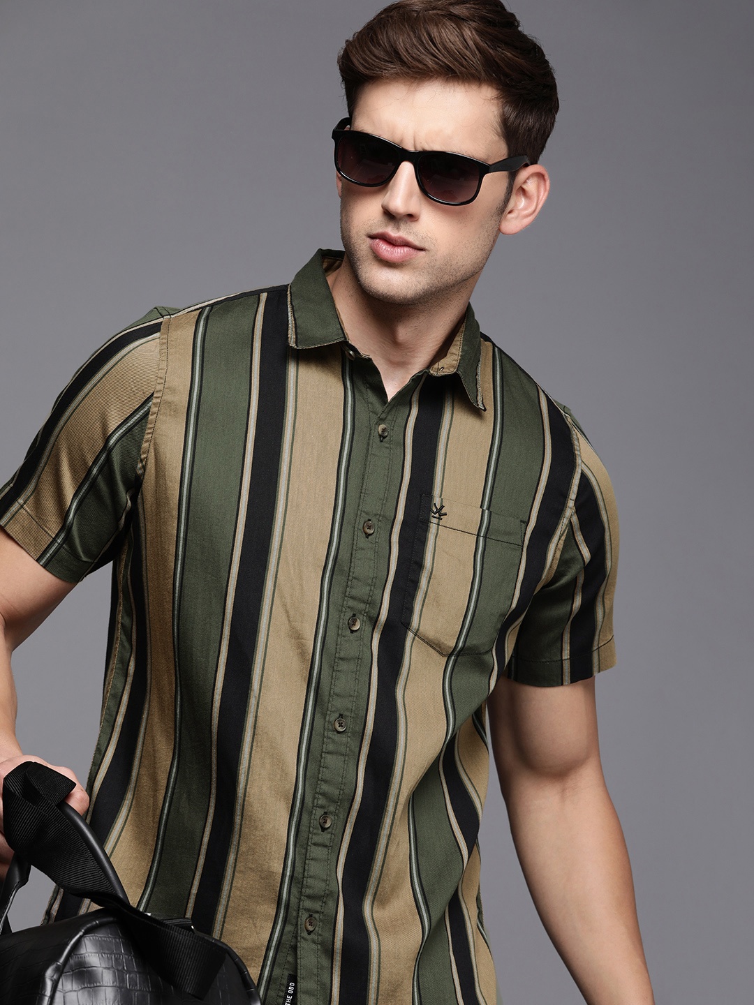 

WROGN Men Slim Fit Striped Casual Shirt, Olive