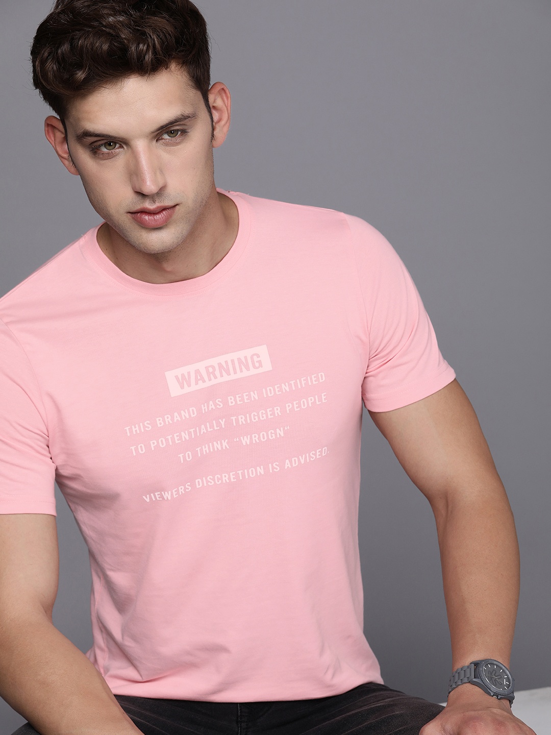 

WROGN Round Neck Typography Printed Slim Fit T-shirt, Pink