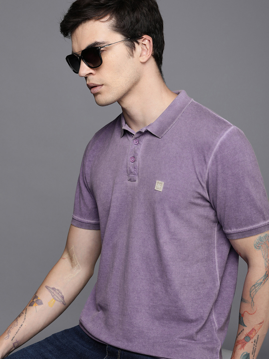 

WROGN Brand Logo Polo Collar Pure Cotton Applique Slim Fit T-shirt, Purple