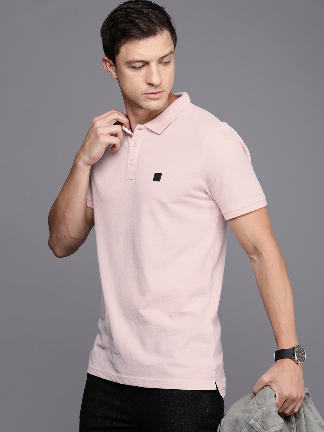 

WROGN Men Polo Collar Pure Cotton Slim Fit T-shirt, Pink