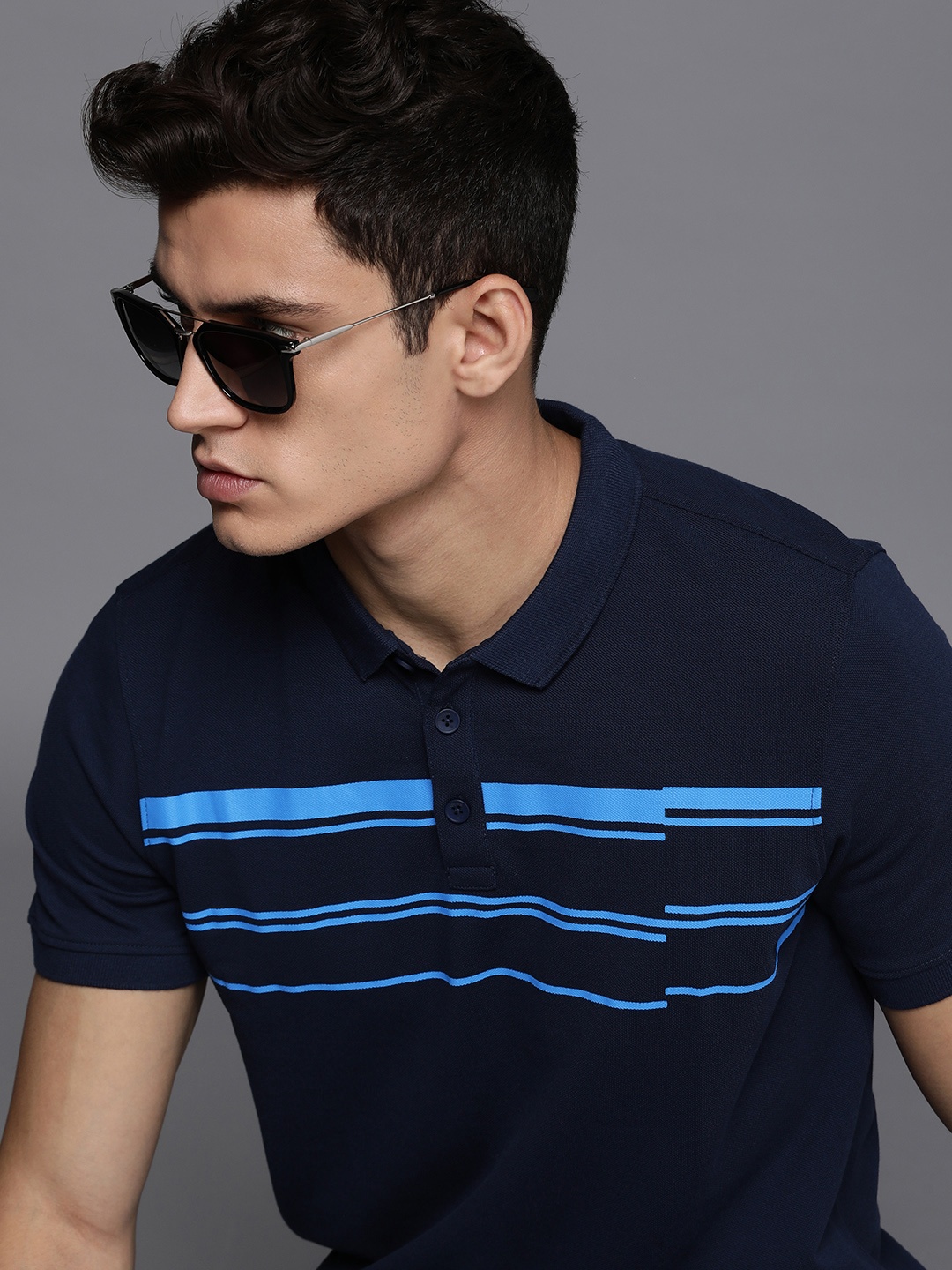 

WROGN Men Striped Polo Collar Slim Fit T-shirt, Navy blue