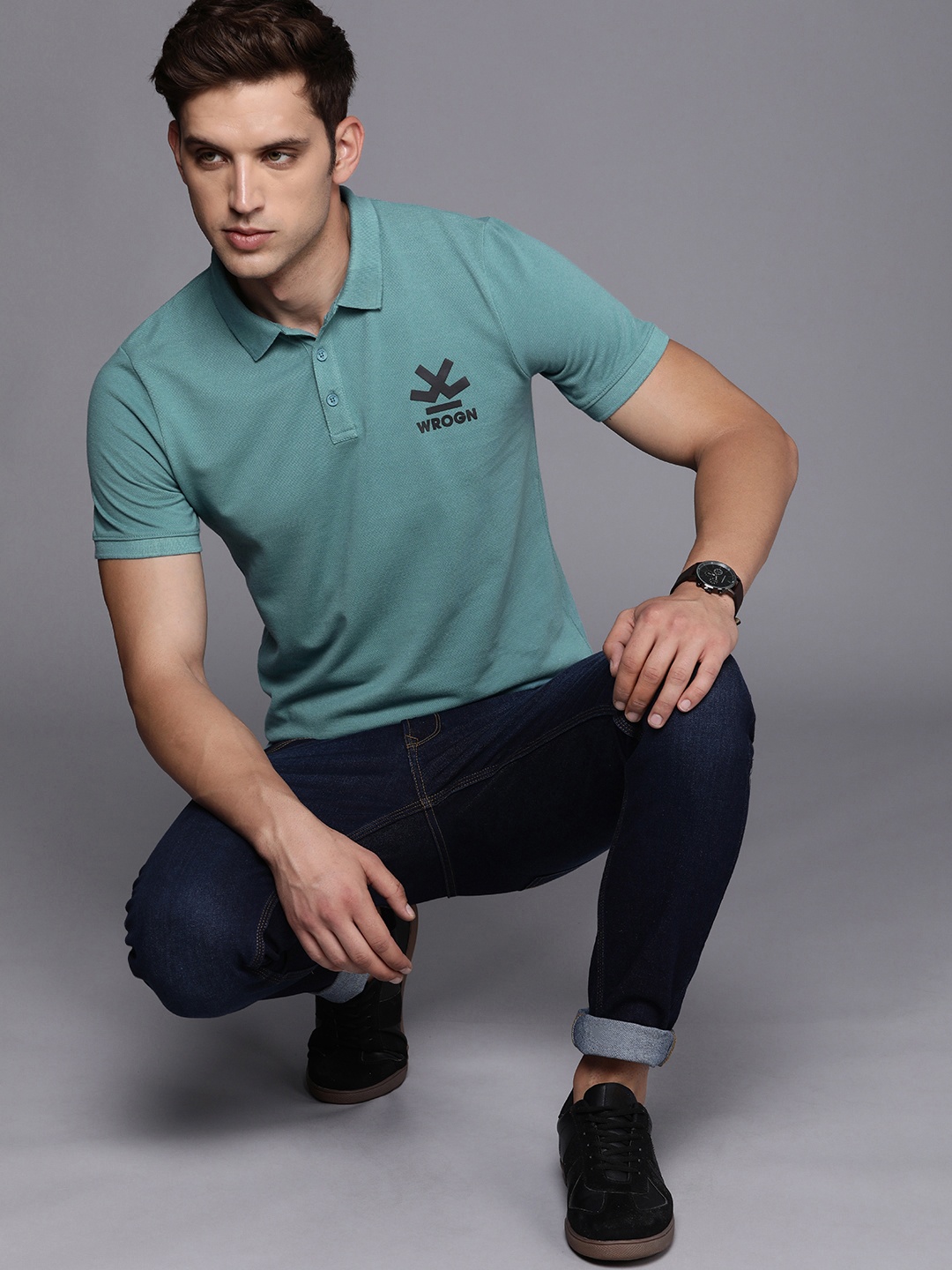 

WROGN Brand Logo Placement Print Detail Polo Collar Slim Fit T-shirt, Teal