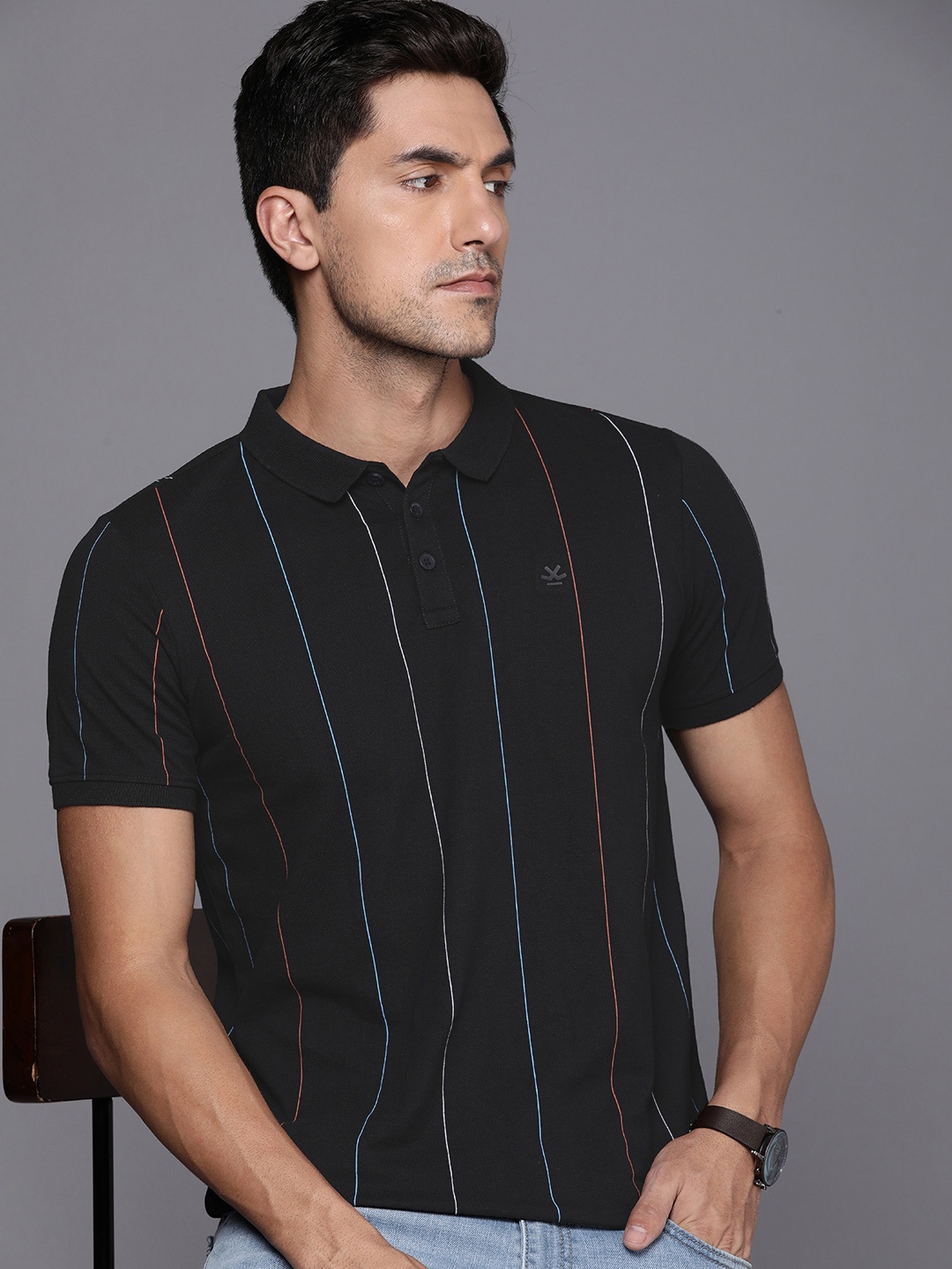 

WROGN Striped Polo Collar Slim Fit T-shirt, Black