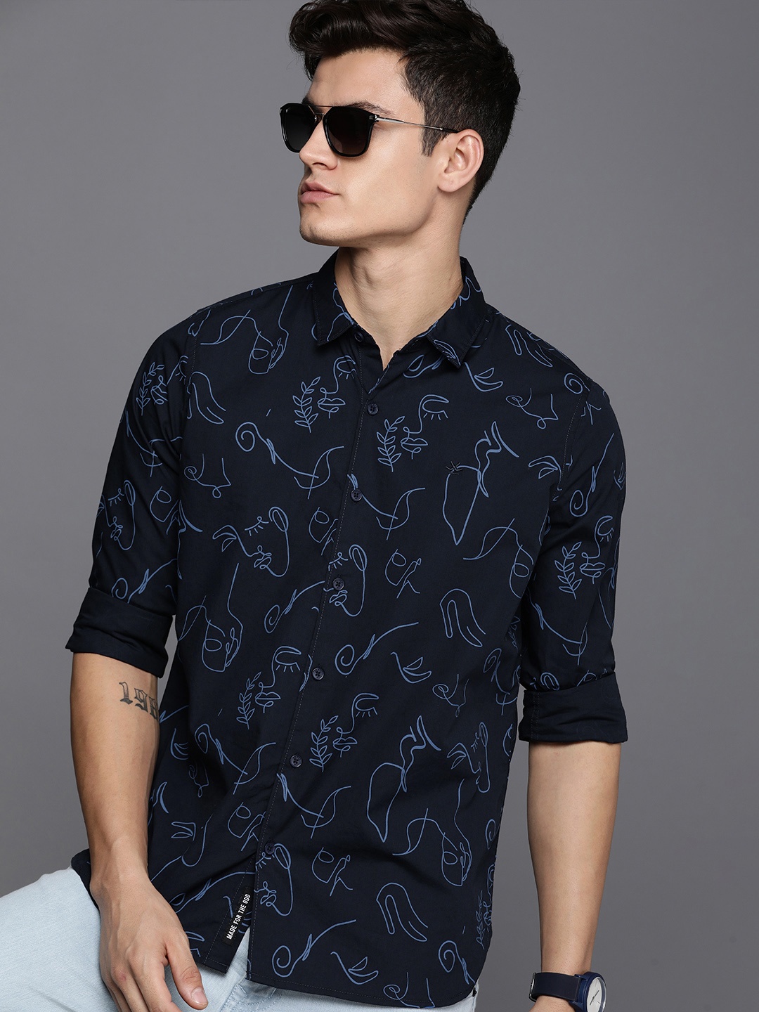 

WROGN Pure Cotton Printed Casual Shirt, Navy blue