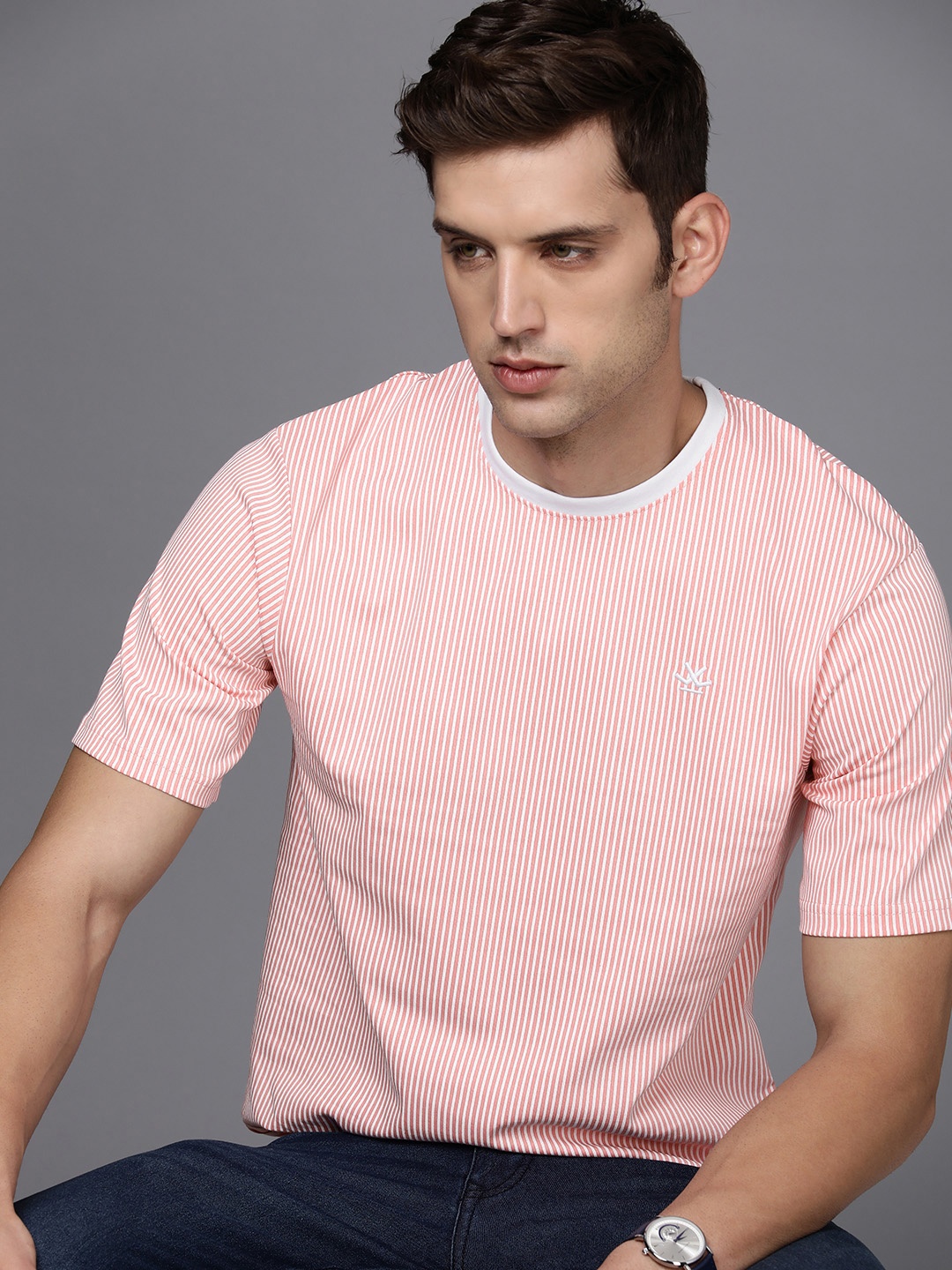 

WROGN Round Neck Striped Casual T-shirt, Pink