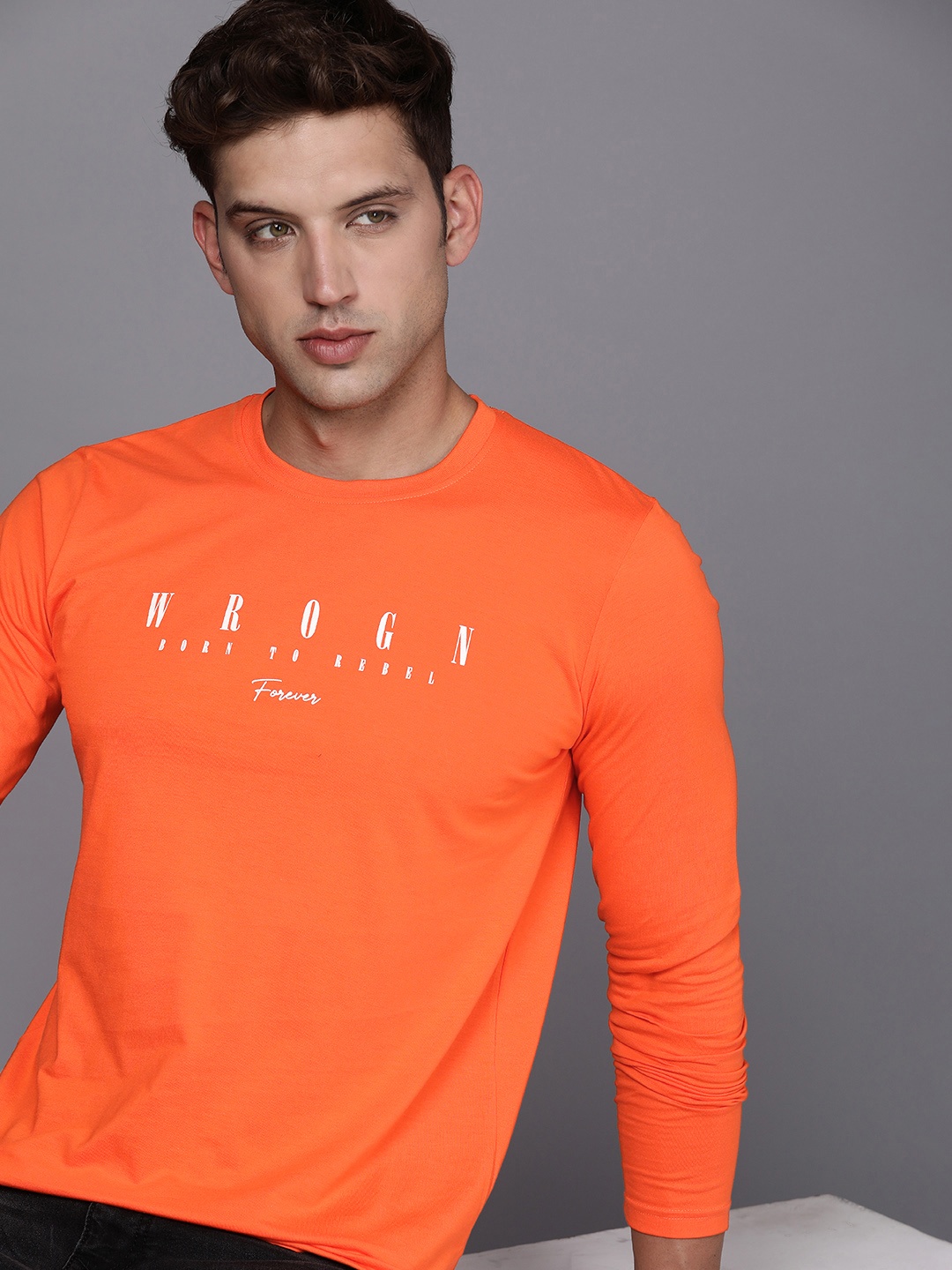

WROGN Round Neck Typography Printed Slim Fit T-shirt, Orange