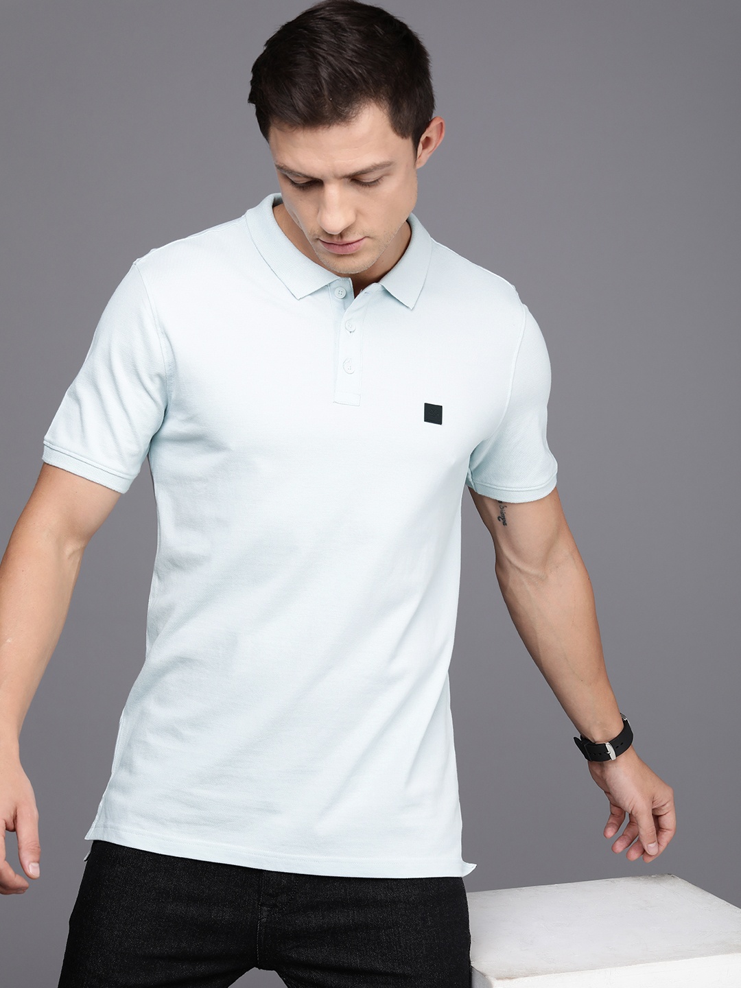 

WROGN Men Polo Collar Pure Cotton Slim Fit T-shirt, Blue
