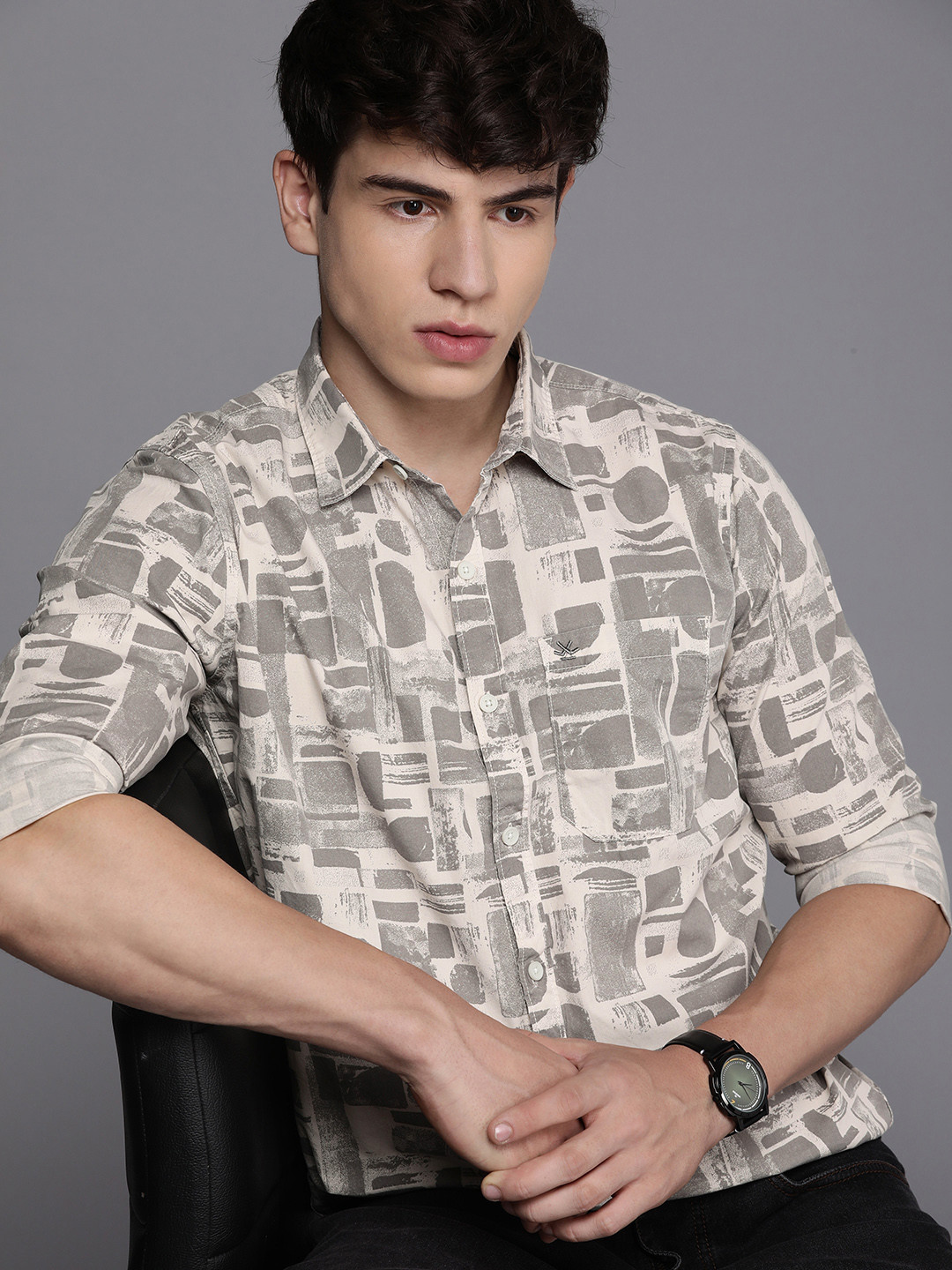 

WROGN Pure Cotton Slim Fit Printed Casual Shirt, Beige