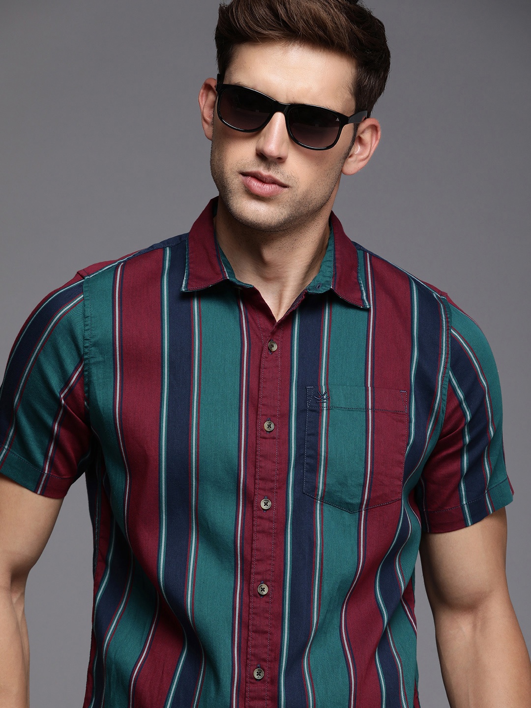 

WROGN Slim Fit Striped Casual Shirt With Chest Pocket, Teal